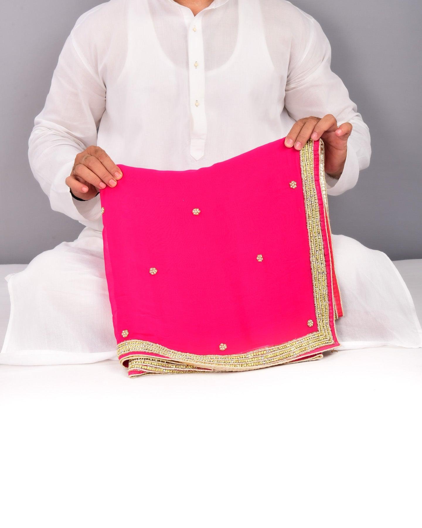 Pink Hand-embroidered Georgette Saree - By HolyWeaves, Benares