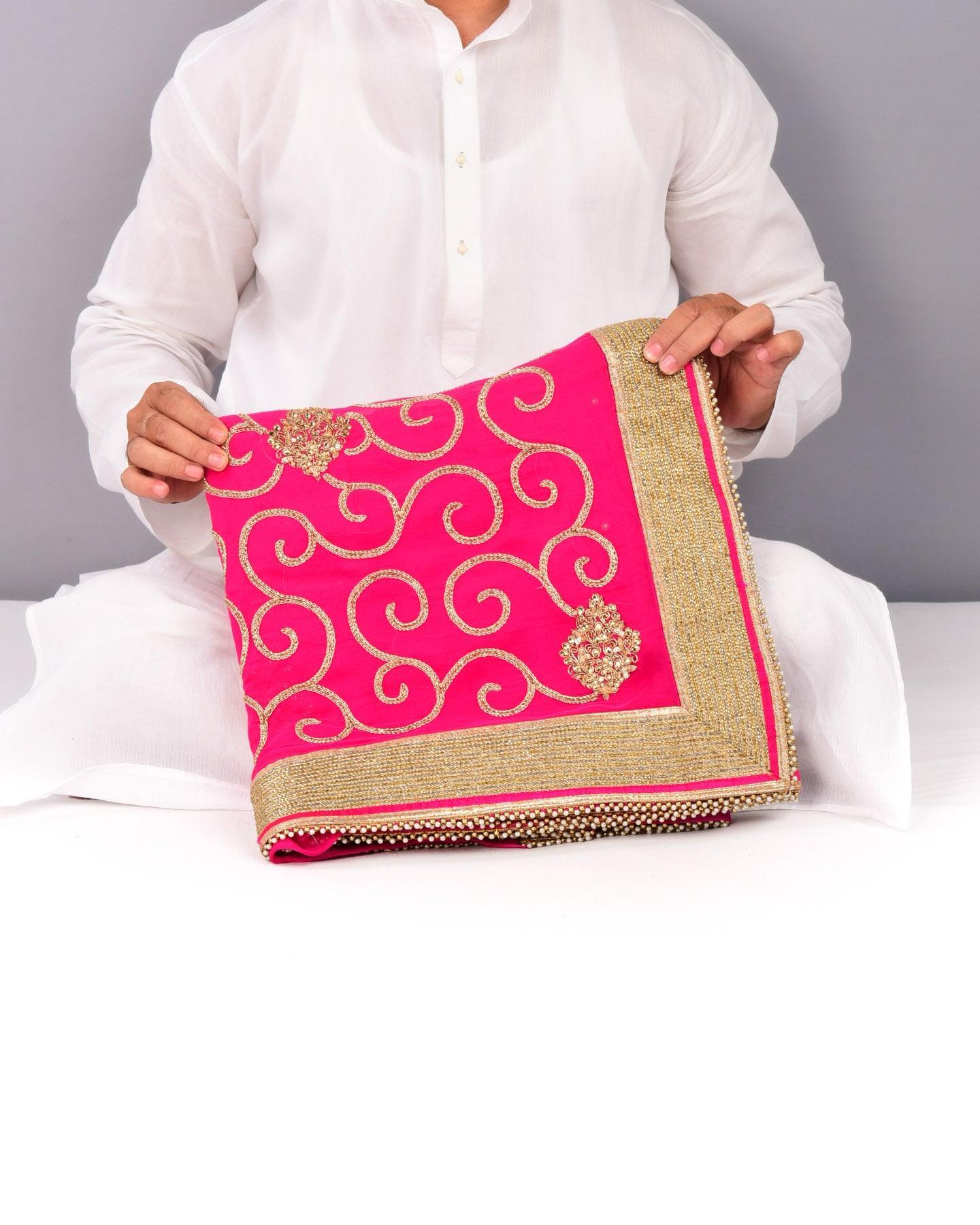 Pink Hand-embroidered Georgette Saree - By HolyWeaves, Benares