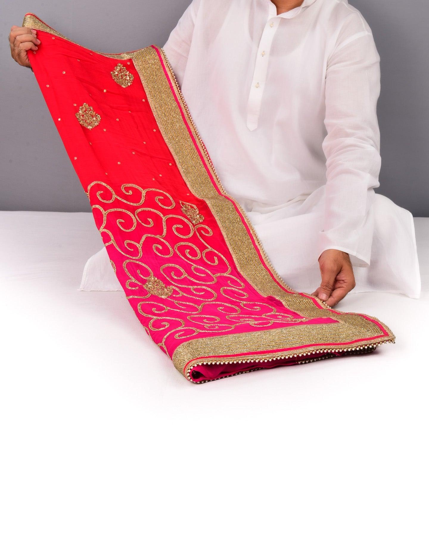 Pink Hand-embroidered Georgette Saree - By HolyWeaves, Benares