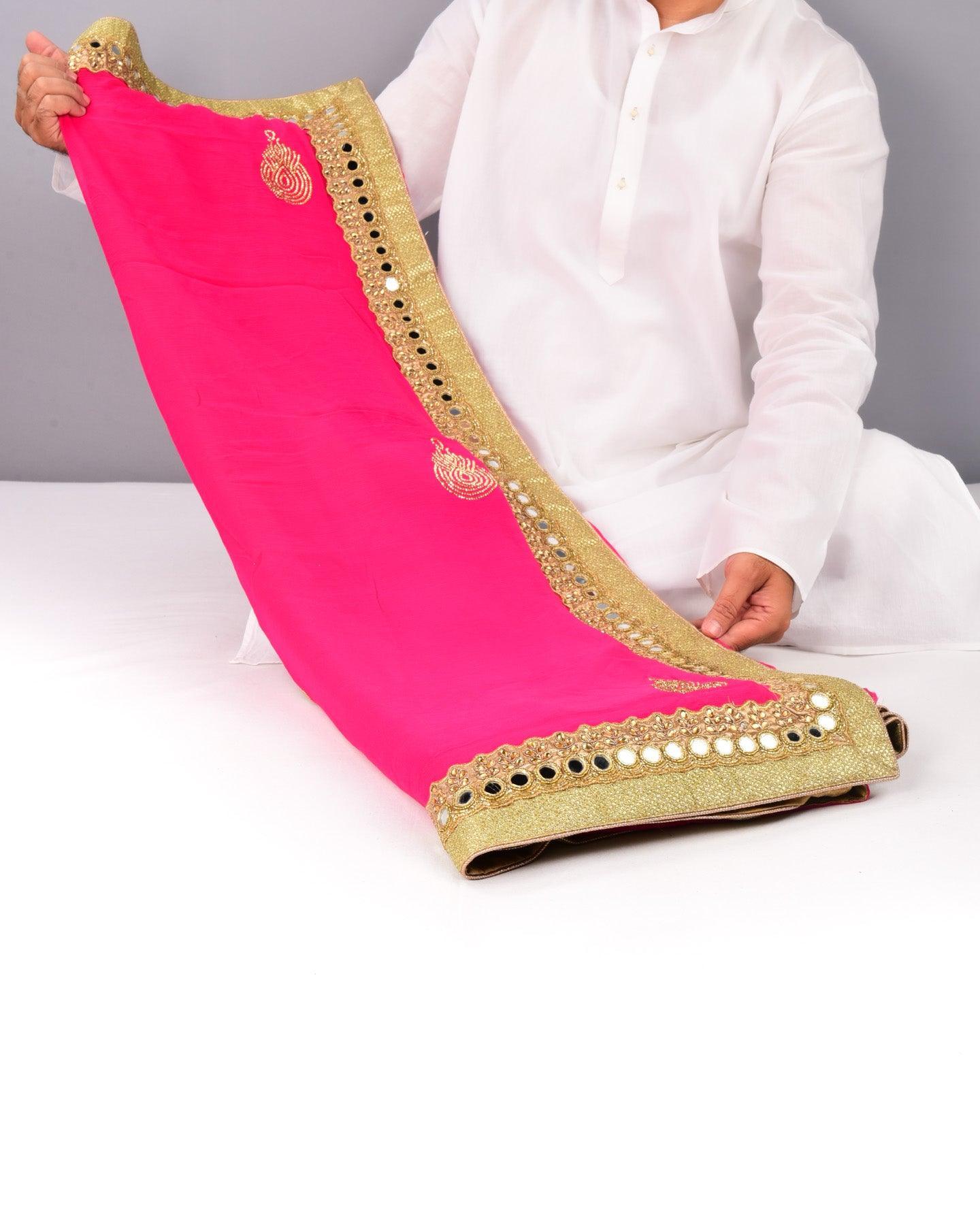Pink Hand-embroidered Georgette Saree - By HolyWeaves, Benares