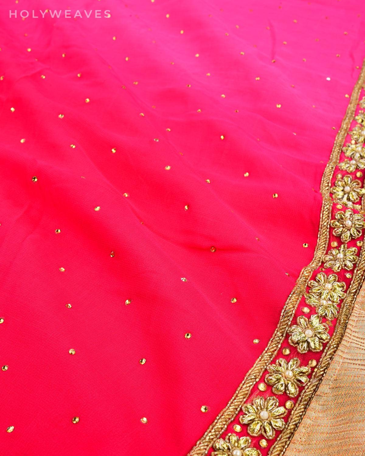 Pink Hand-embroidered Georgette Saree - By HolyWeaves, Benares