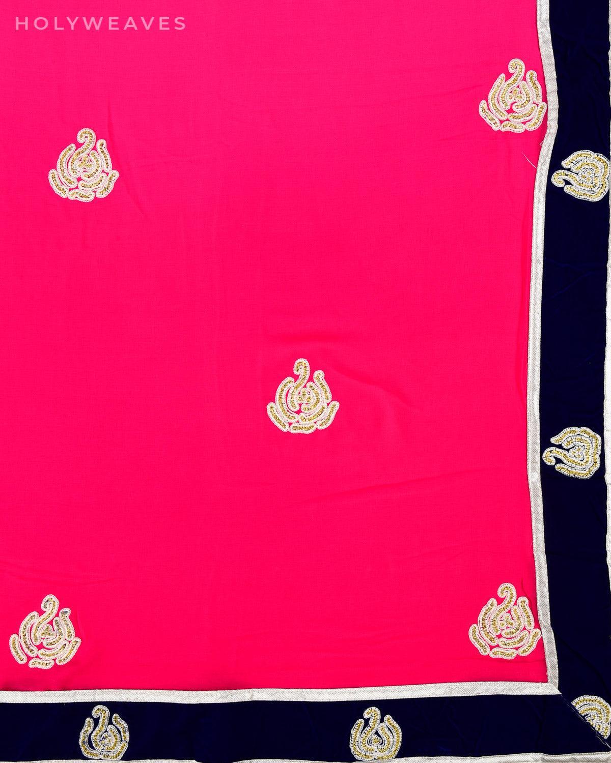 Pink Hand-embroidered Georgette Saree - By HolyWeaves, Benares