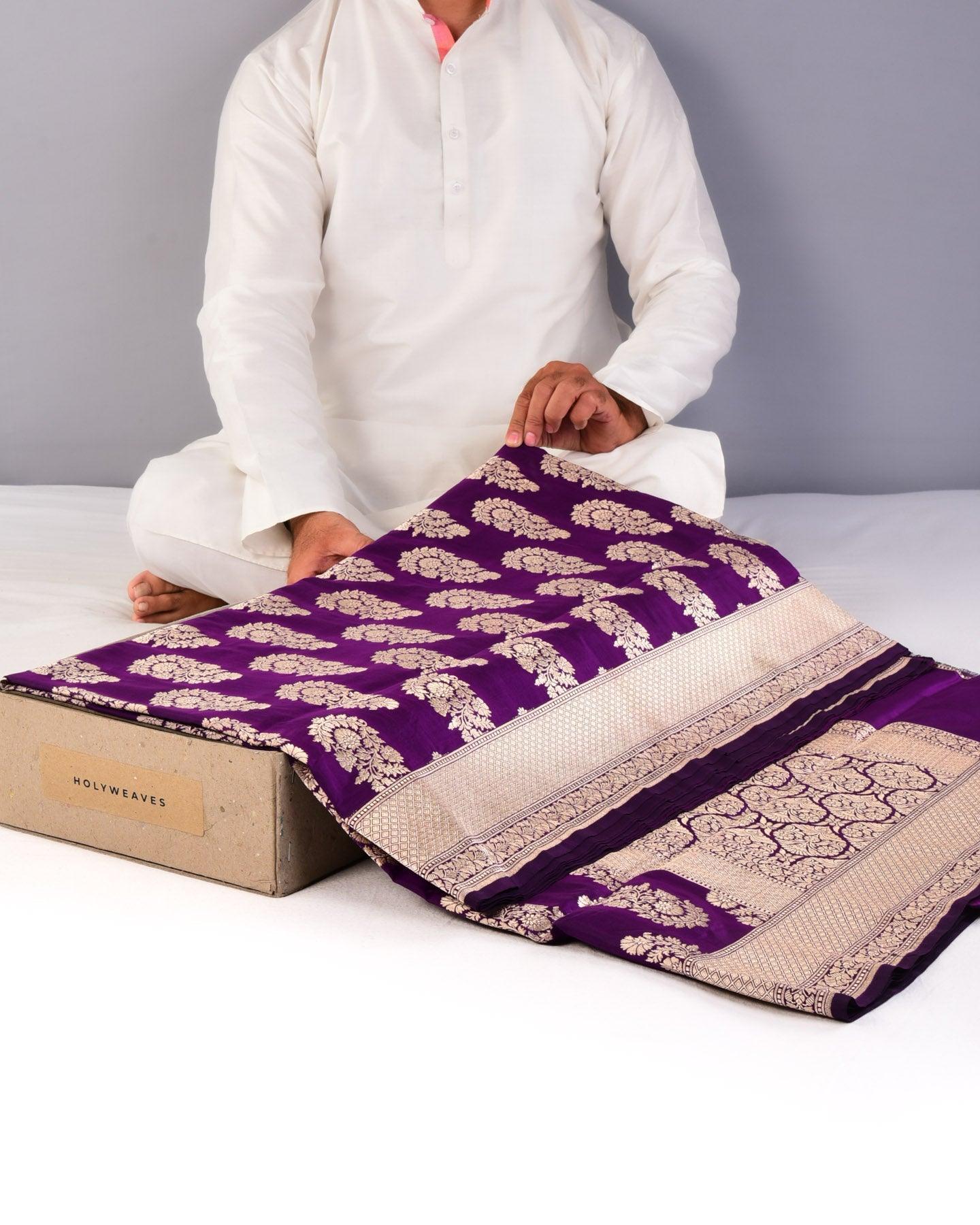 Purple Banarasi Classic Buta Cutwork Brocade Handwoven Katan Silk Saree - By HolyWeaves, Benares