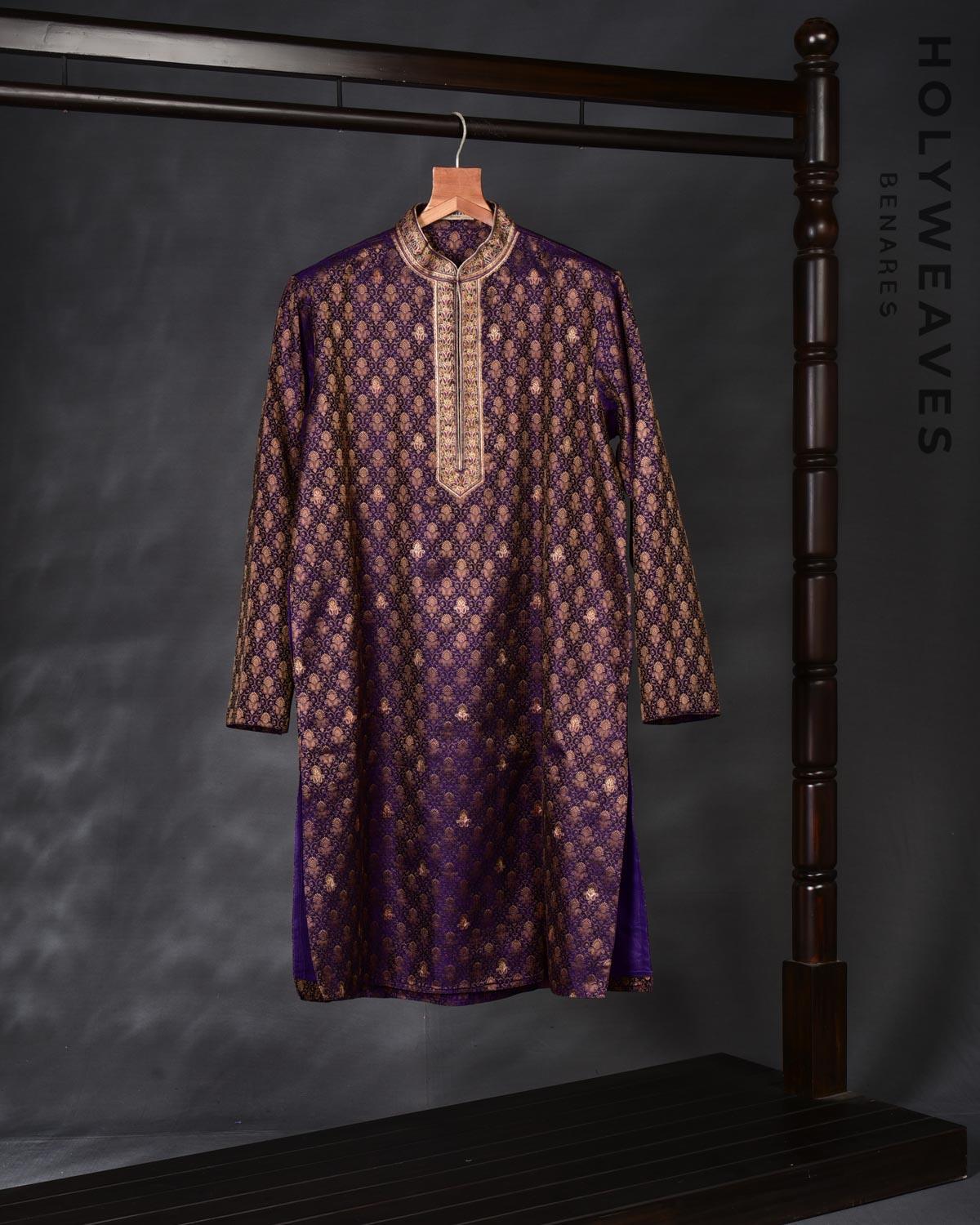 Purple Banarasi Hand-embroidered Art Silk Mens Kurta Pyjama - By HolyWeaves, Benares