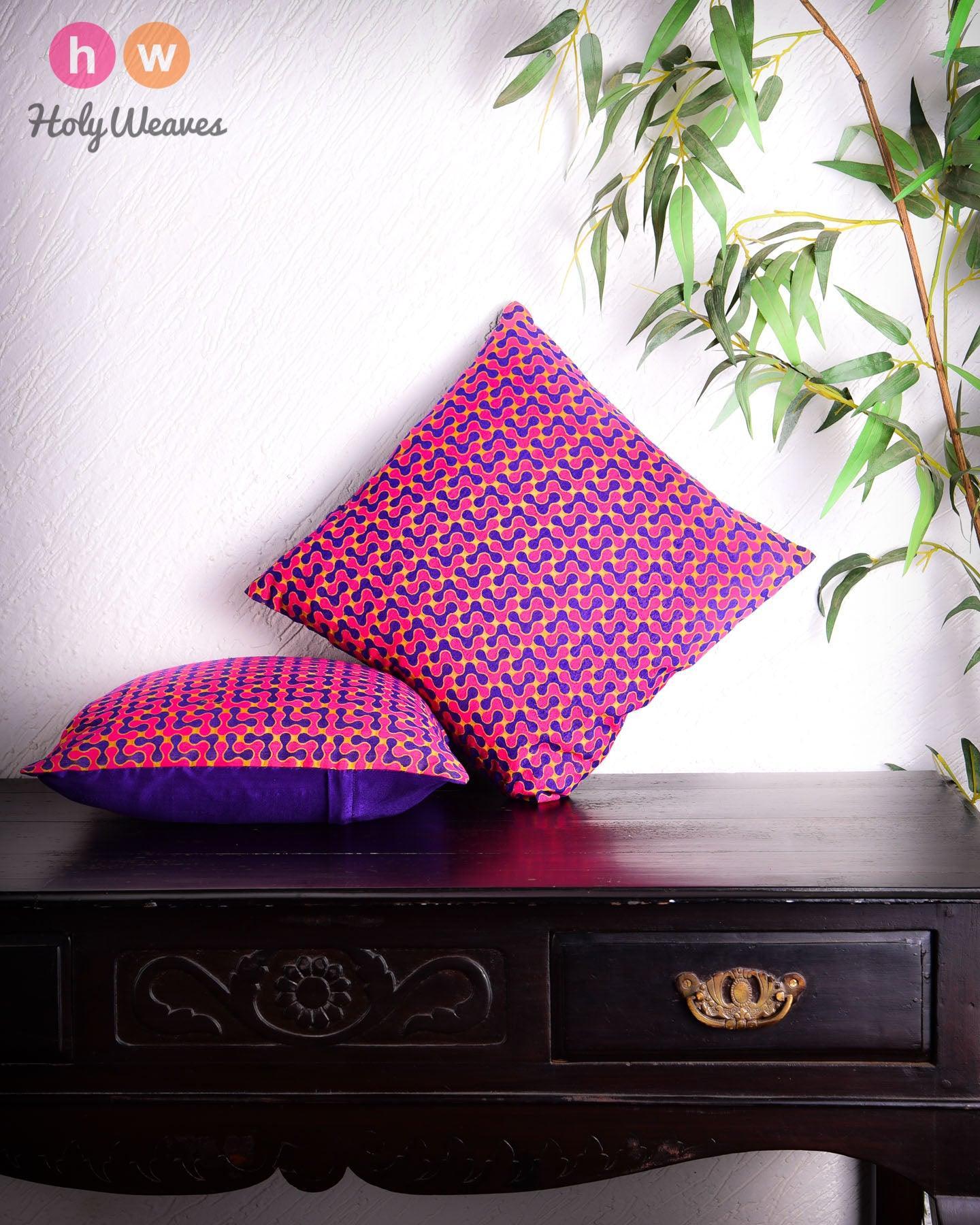 Purple Banarasi Handloom Noile Silk Cushion Cover 16" - By HolyWeaves, Benares
