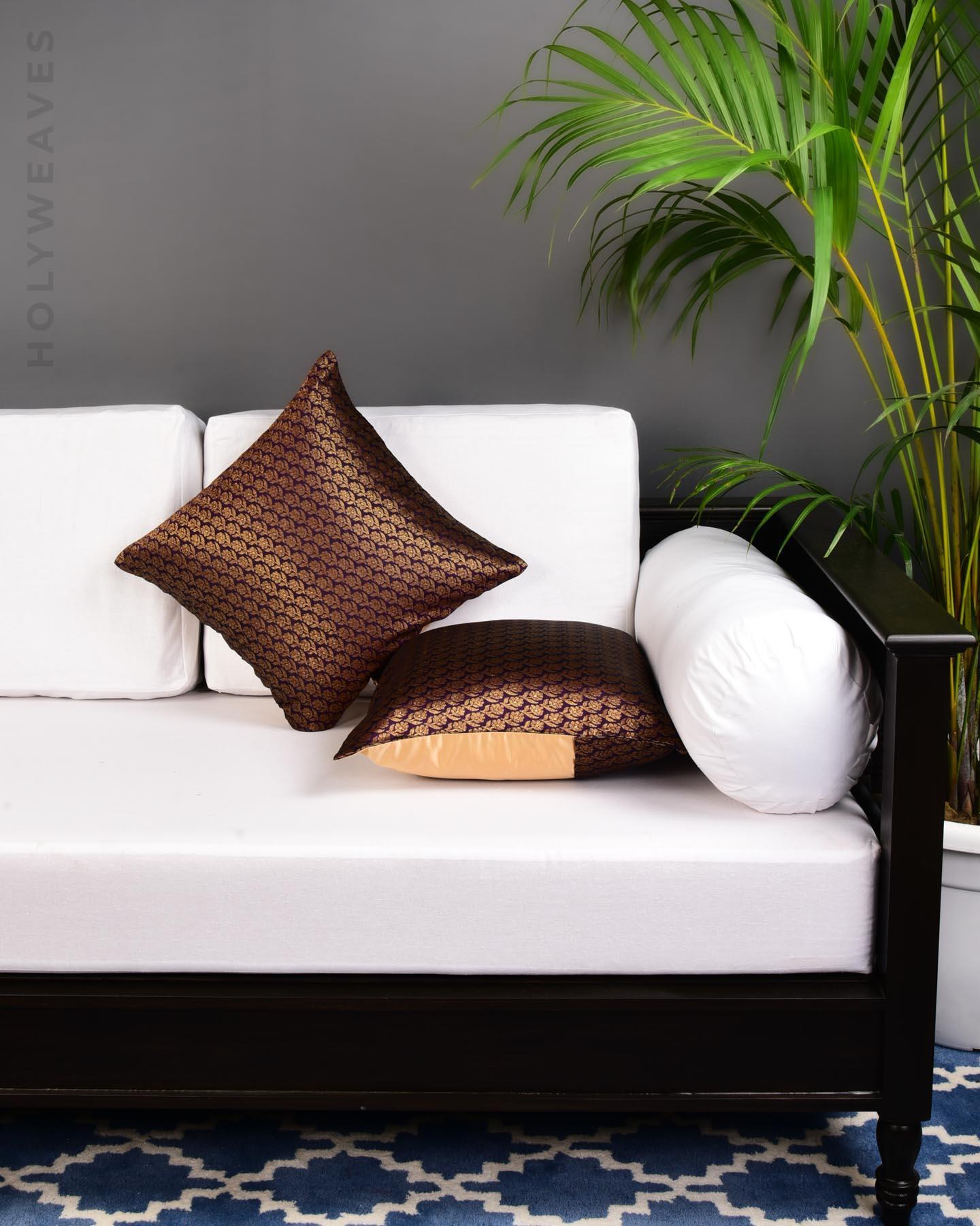 Purple Brocade Woven Poly Silk Cushion Cover with Satin Back 16" - By HolyWeaves, Benares