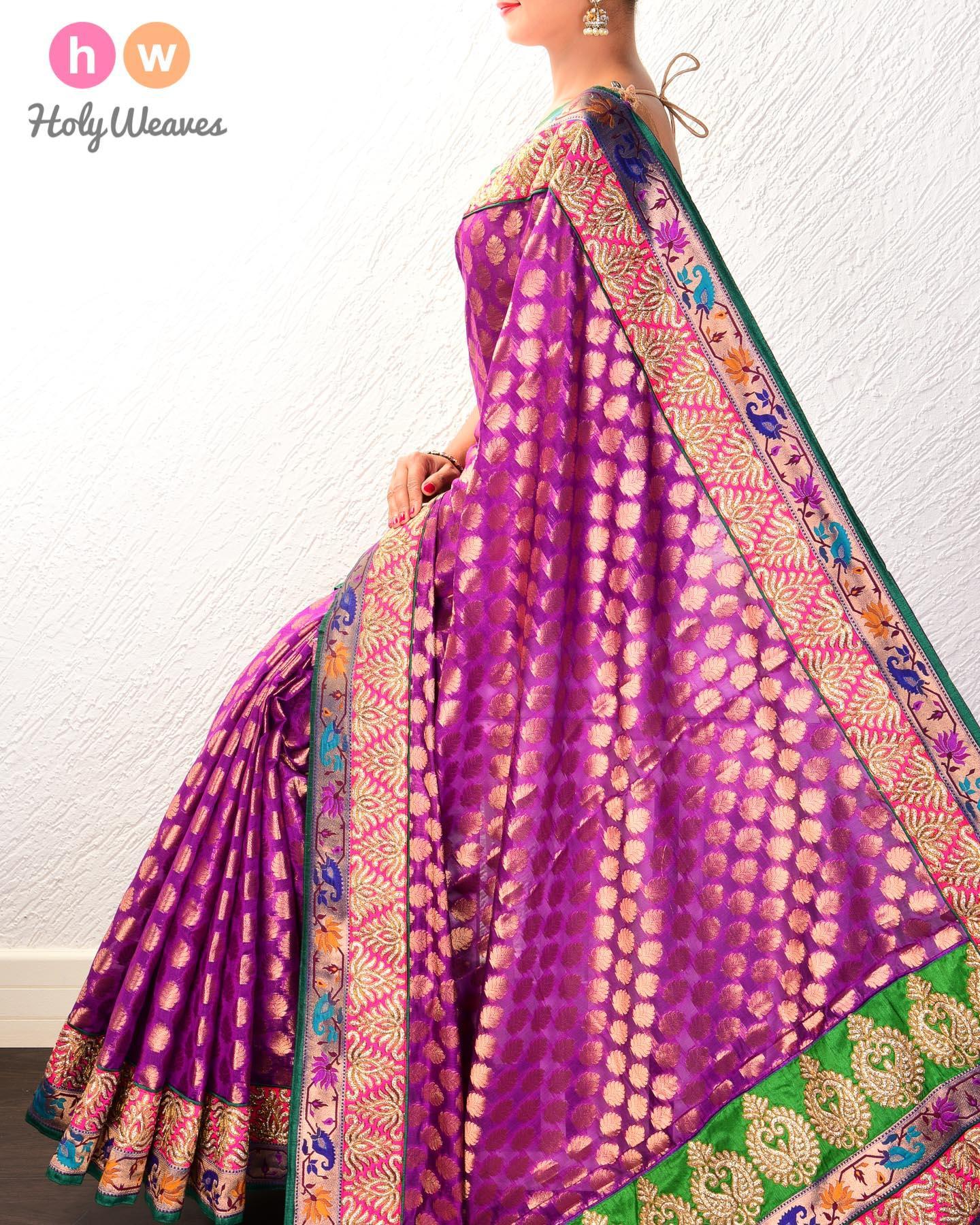 Purple Hand-embroidered Art Silk Saree - By HolyWeaves, Benares