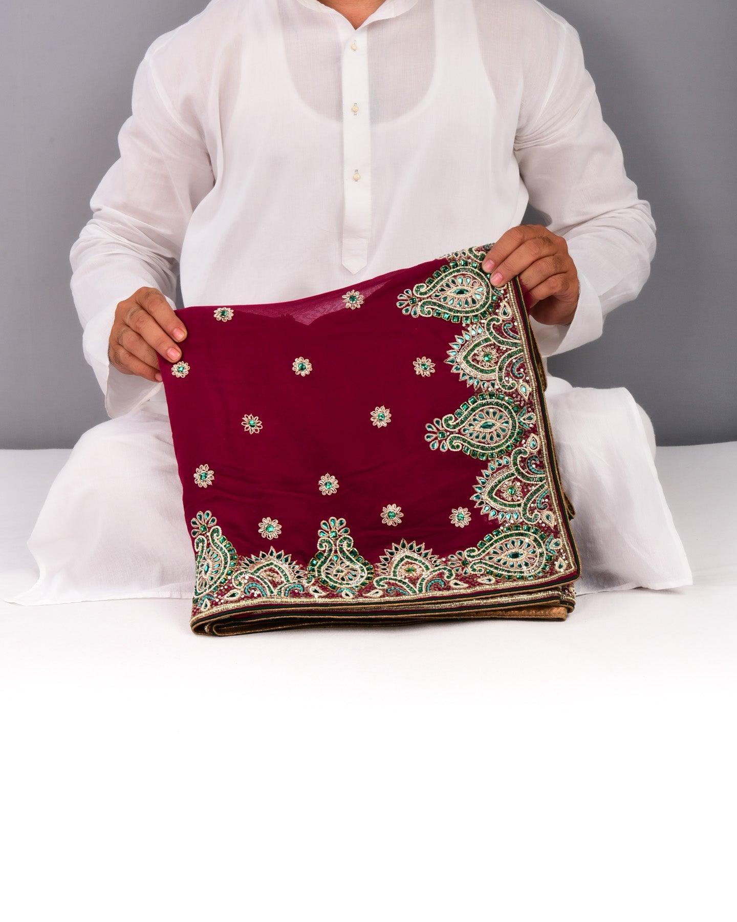 Purple Hand-embroidered Georgette Saree - By HolyWeaves, Benares