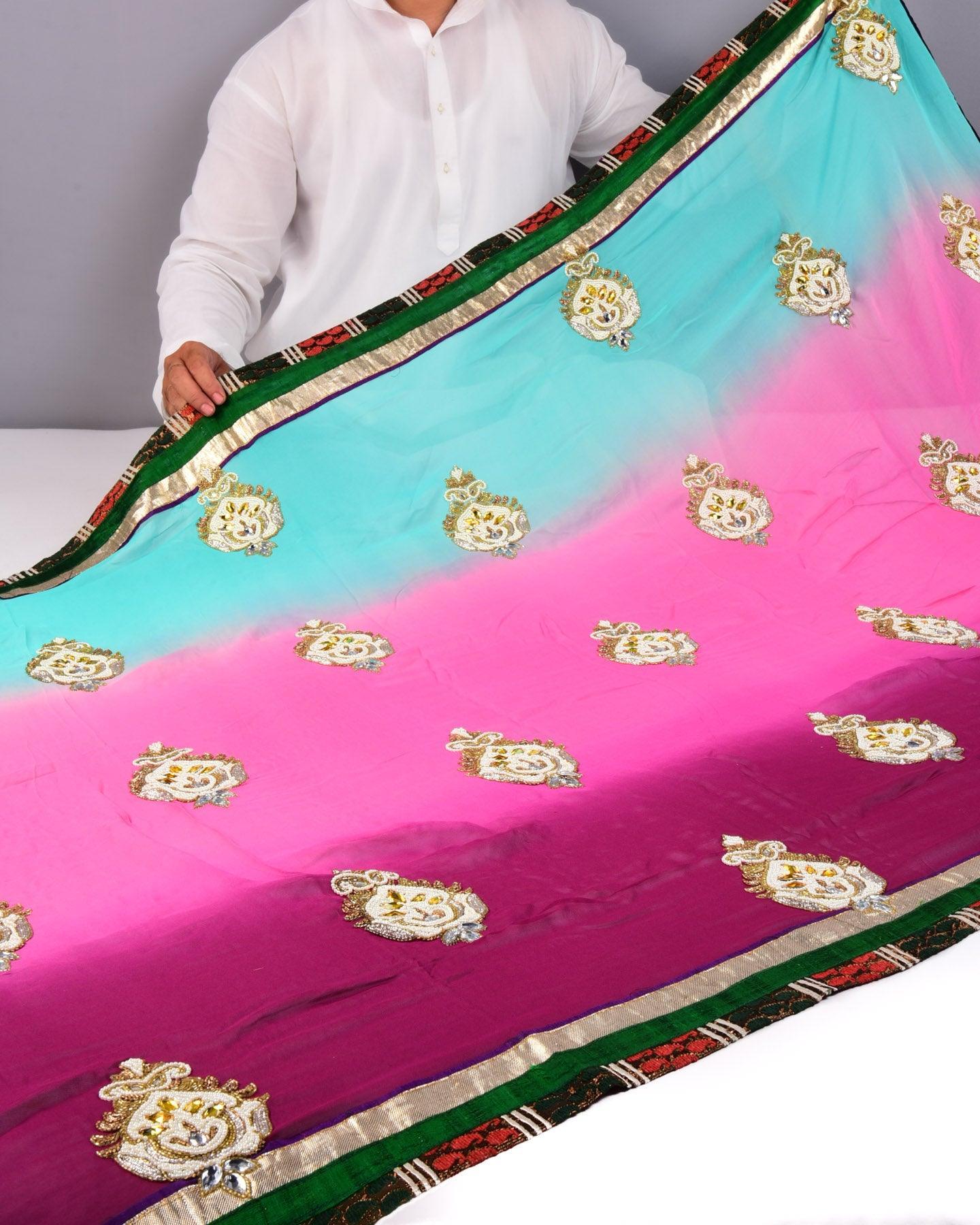 Purple Hand-embroidered Georgette Saree - By HolyWeaves, Benares