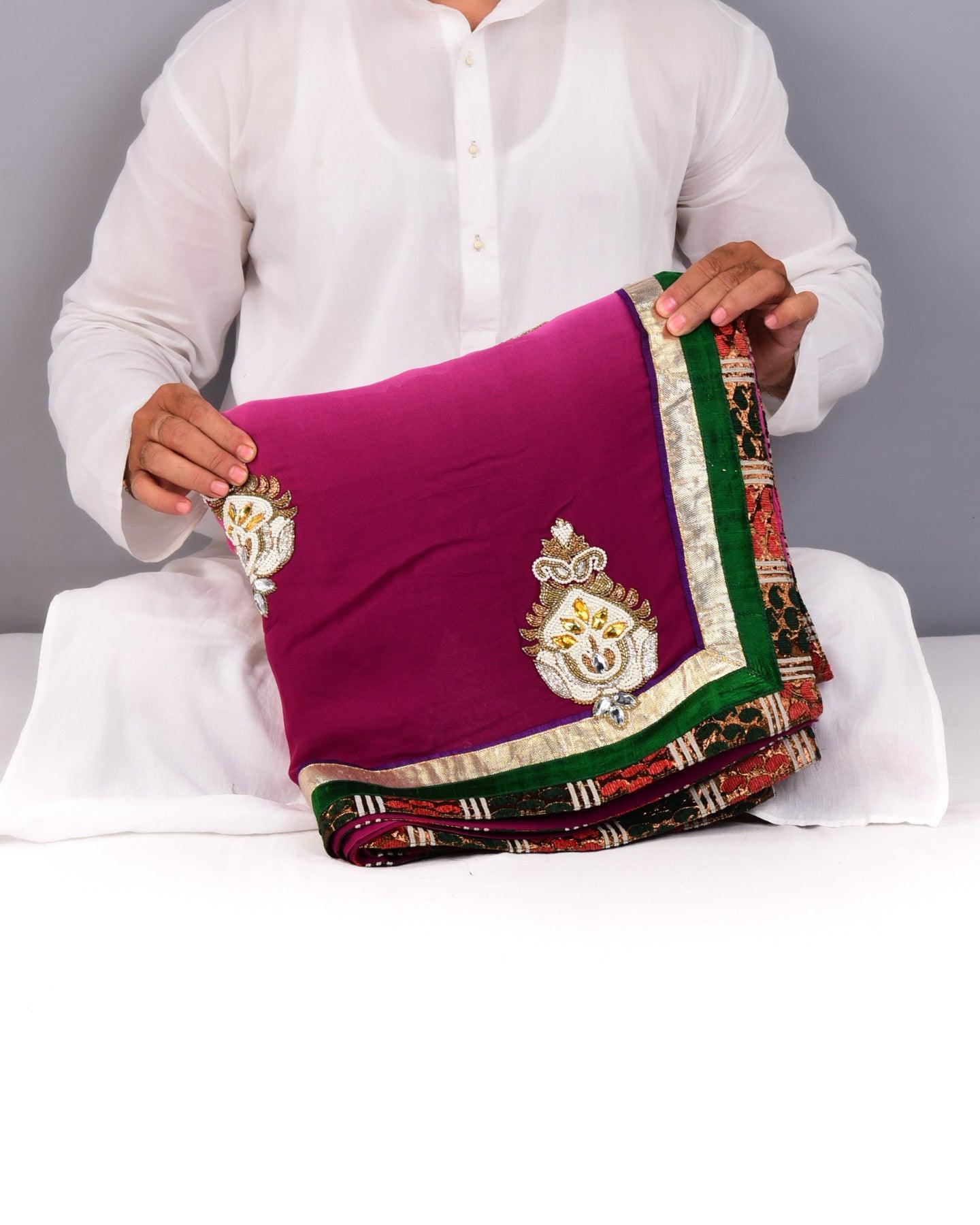 Purple Hand-embroidered Georgette Saree - By HolyWeaves, Benares