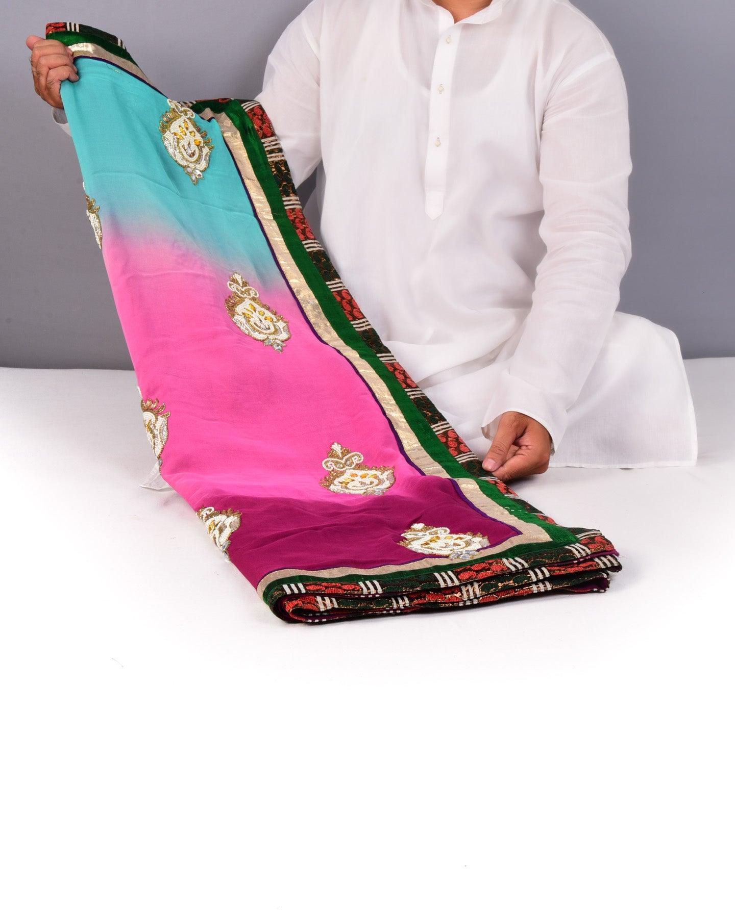 Purple Hand-embroidered Georgette Saree - By HolyWeaves, Benares