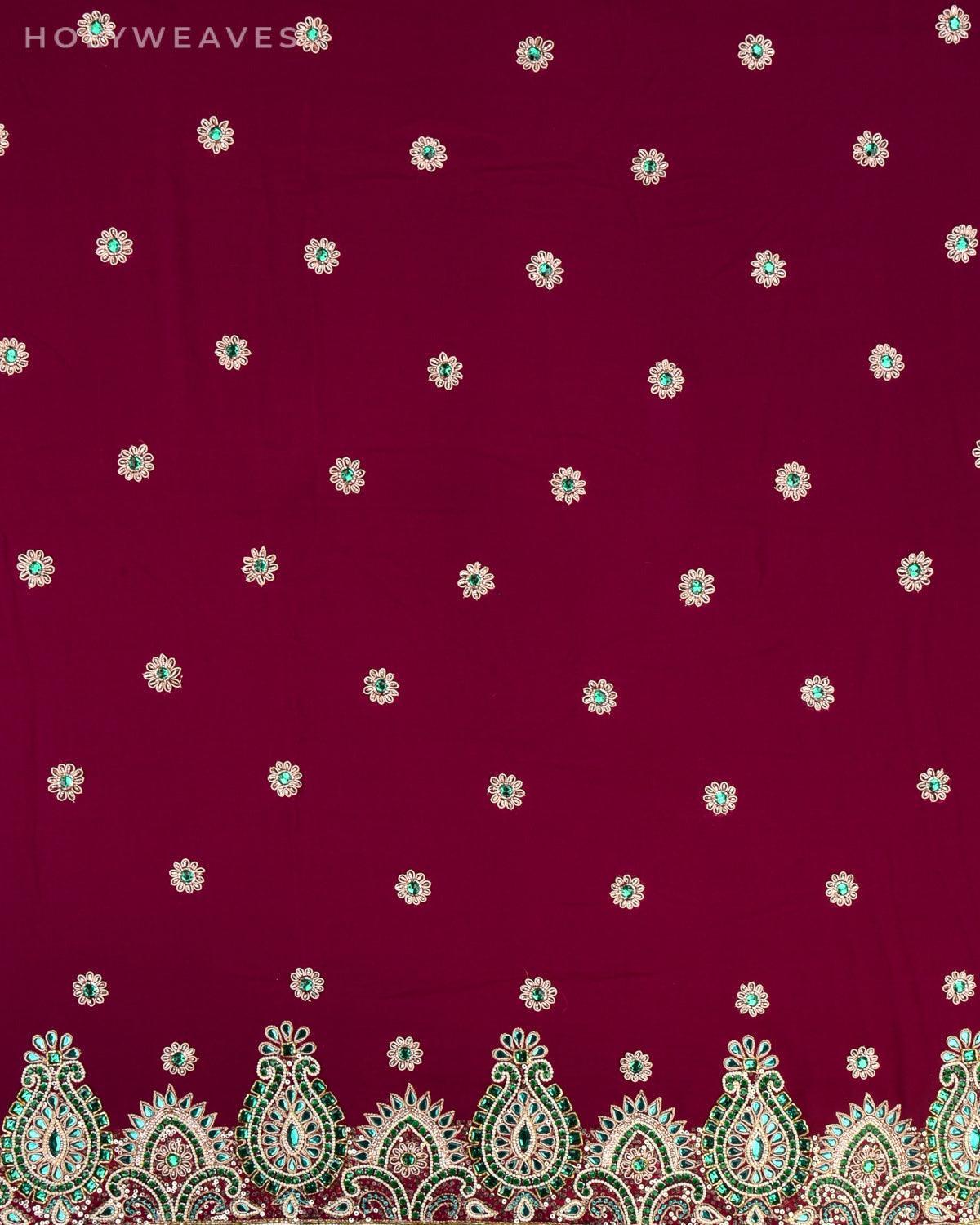 Purple Hand-embroidered Georgette Saree - By HolyWeaves, Benares