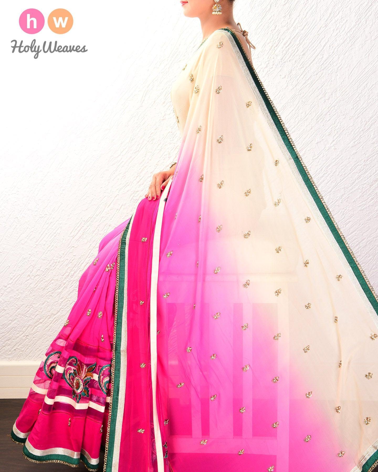 Rani Pink Hand-embroidered Georgette Saree - By HolyWeaves, Benares