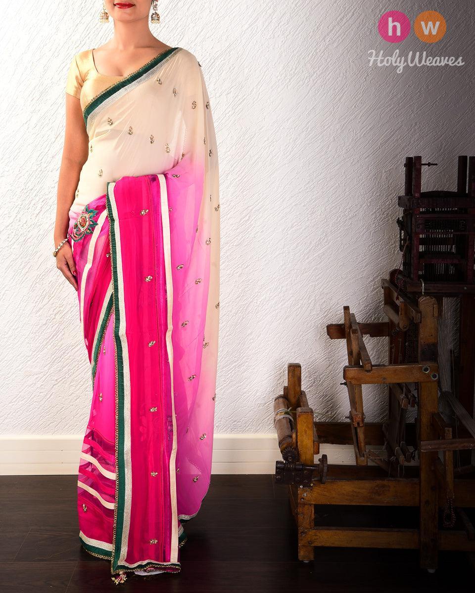 Rani Pink Hand-embroidered Georgette Saree - By HolyWeaves, Benares