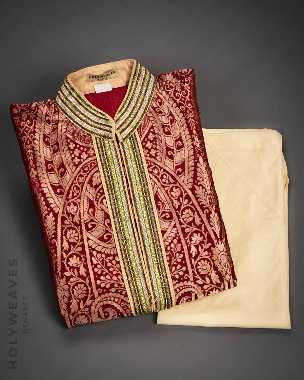 Red Banarasi Brocade Katan Silk Mens Kurta Pyjama - By HolyWeaves, Benares