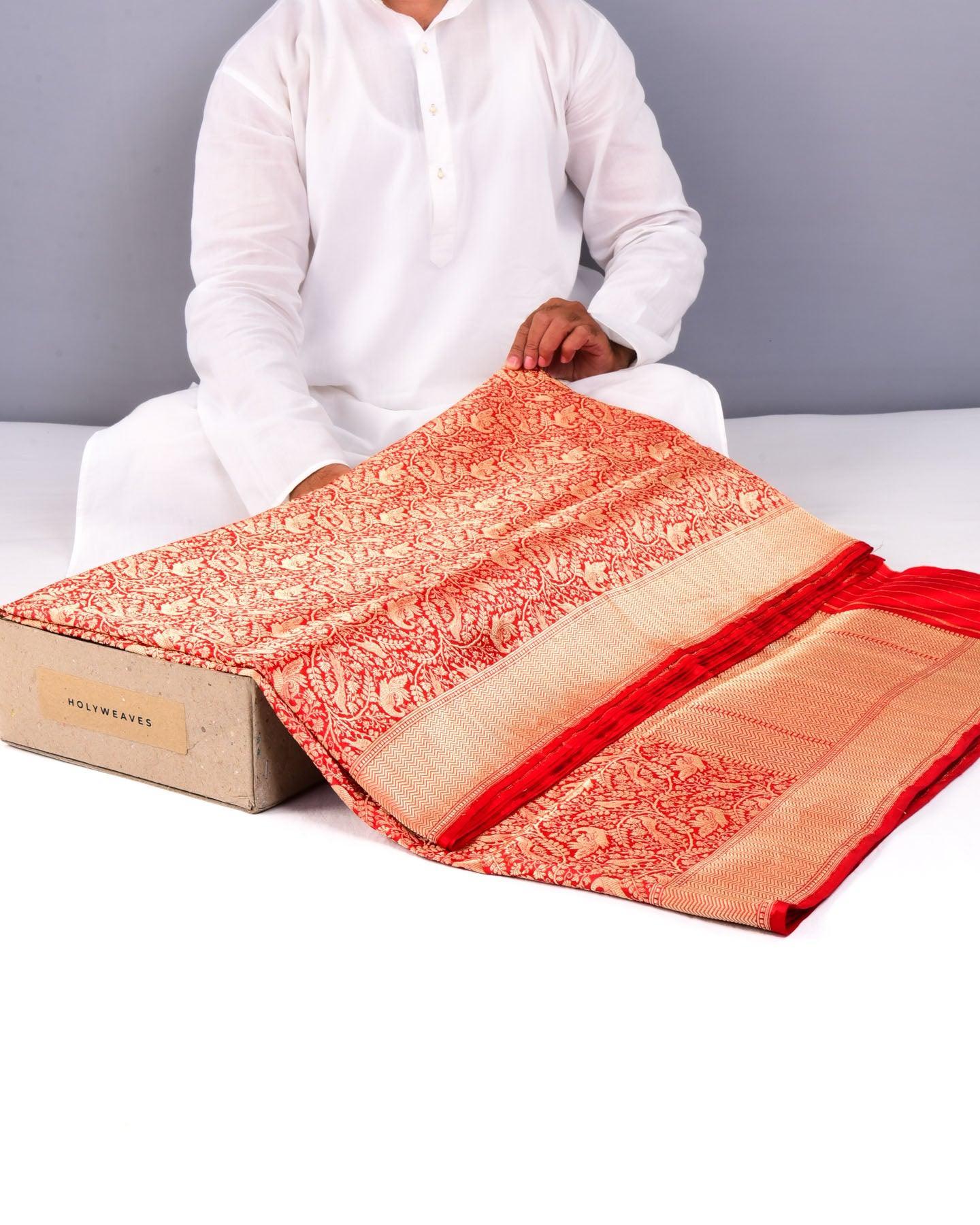 Red Banarasi Shikargah Brocade Handwoven Katan Silk Saree - By HolyWeaves, Benares