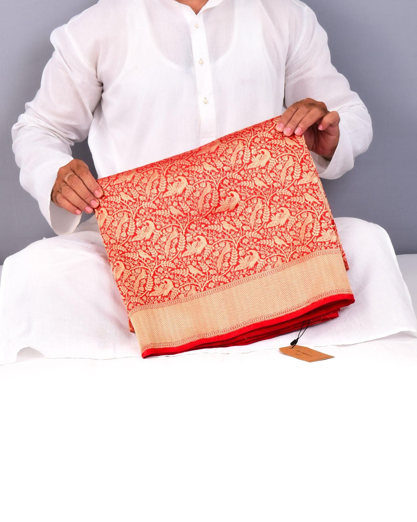 Red Banarasi Shikargah Brocade Handwoven Katan Silk Saree - By HolyWeaves, Benares