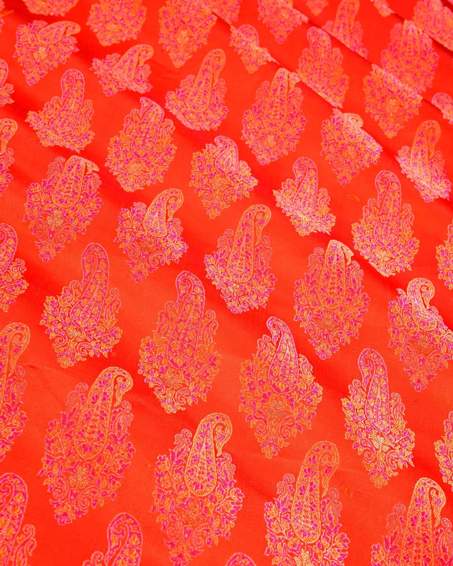 Red Banarasi Tehra Jamawar Brocade Handwoven Katan Silk Fabric with Zari Accents - By HolyWeaves, Benares