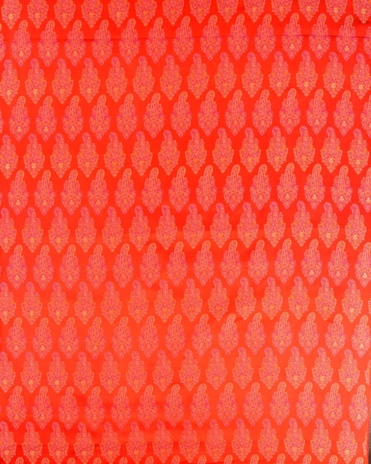 Red Banarasi Tehra Jamawar Brocade Handwoven Katan Silk Fabric with Zari Accents - By HolyWeaves, Benares