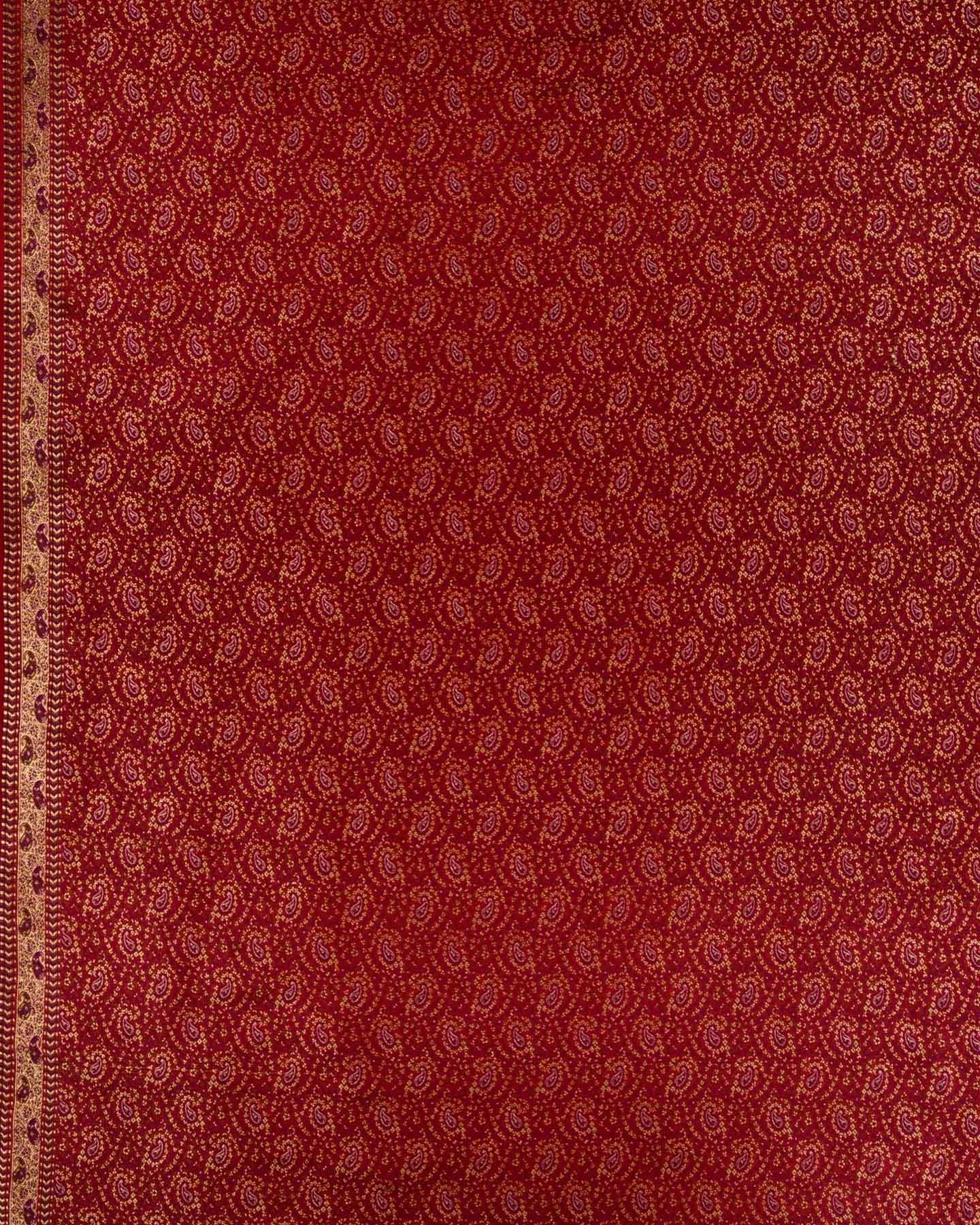 Red Banarasi Tehra Jamawar Handwoven Katan Silk Fabric with Zari Accents - By HolyWeaves, Benares