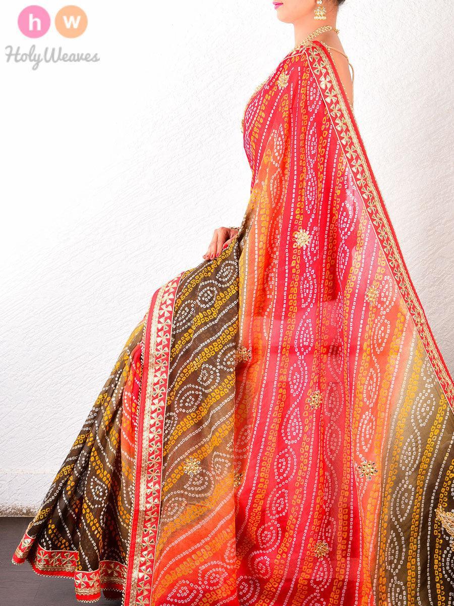 Red-Black Georgette Bandhani Saree - By HolyWeaves, Benares
