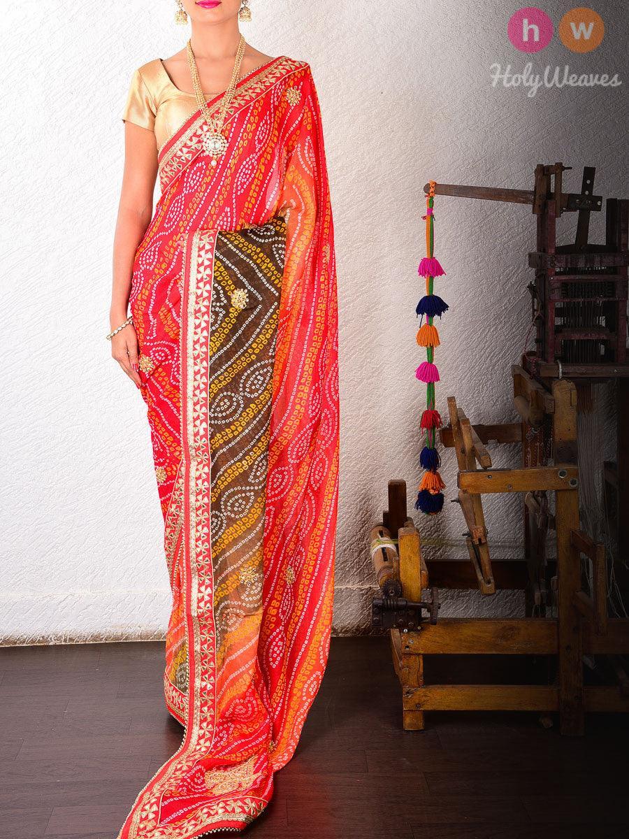Red-Black Georgette Bandhani Saree - By HolyWeaves, Benares