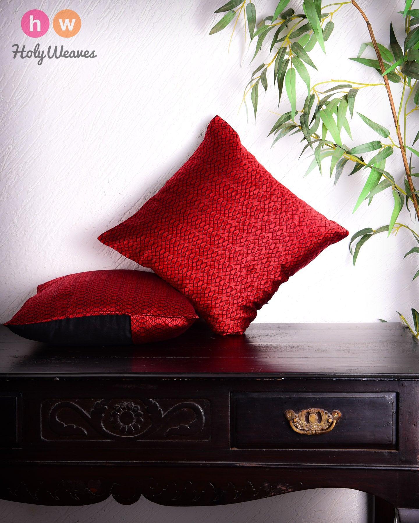 Red Geometric Illusion Poly Silk Cushion Cover 16" - By HolyWeaves, Benares