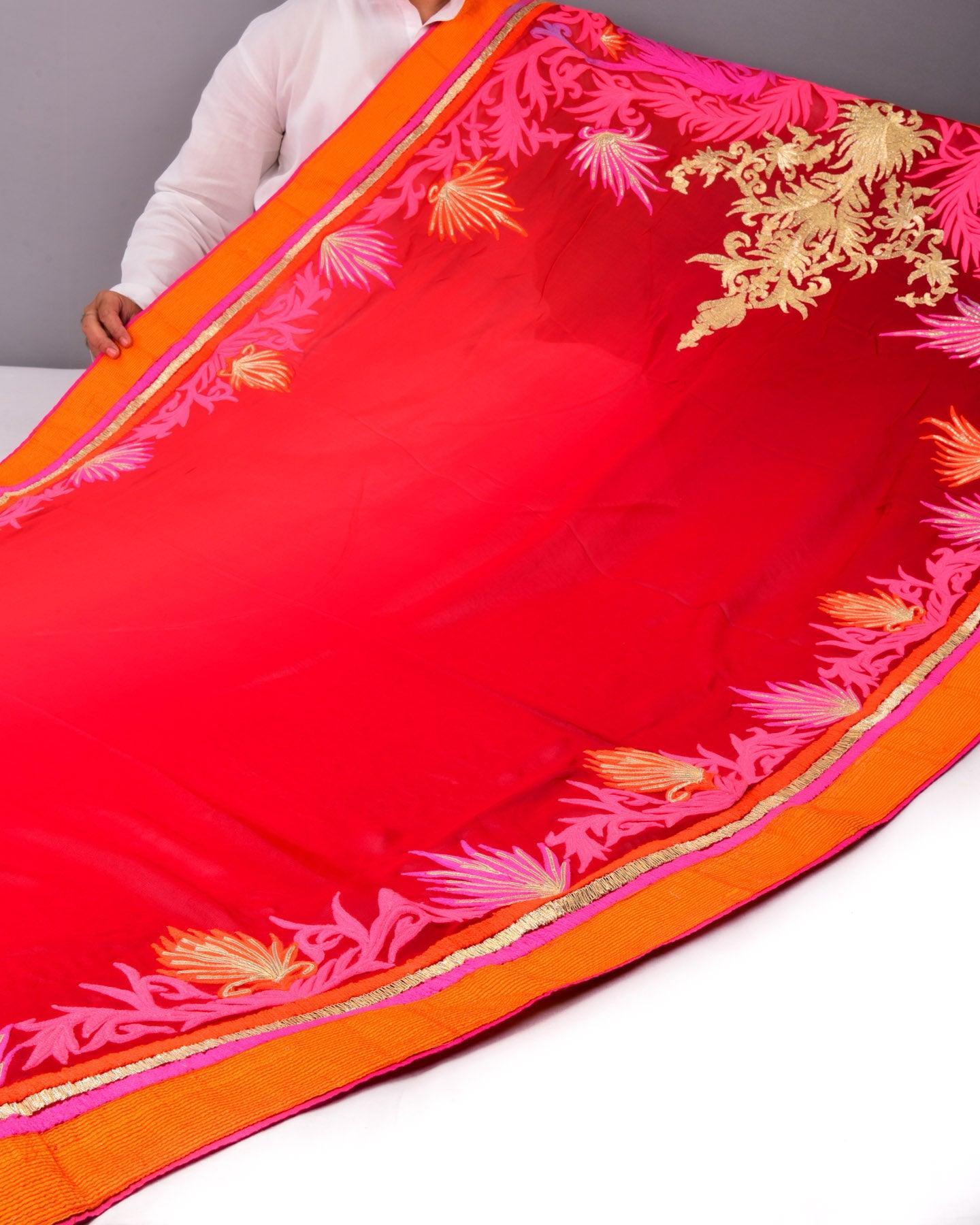 Red Hand-embroidered Georgette Saree - By HolyWeaves, Benares