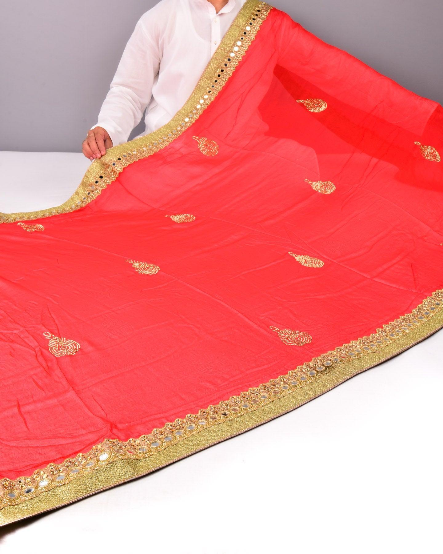 Red Hand-embroidered Georgette Saree - By HolyWeaves, Benares