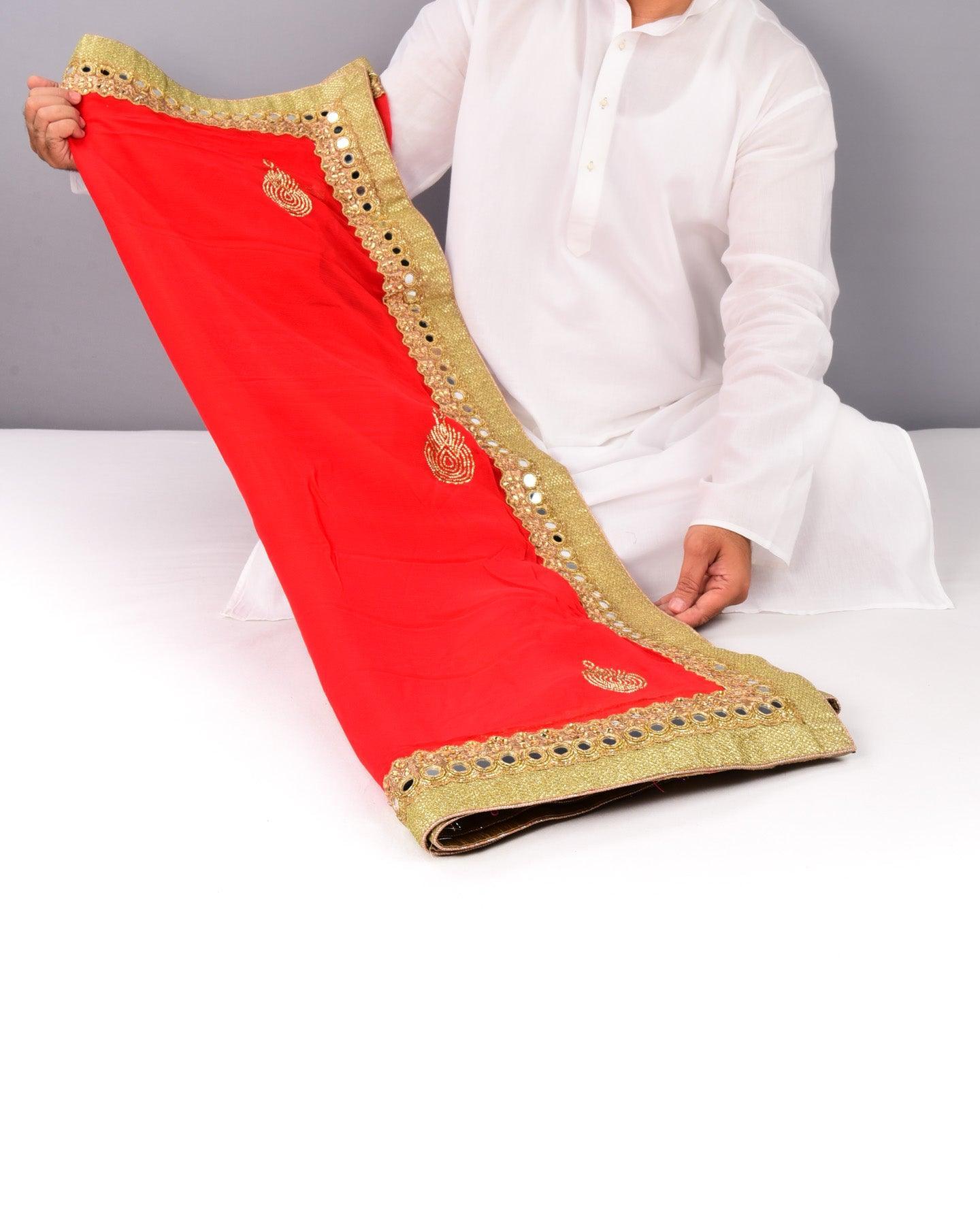 Red Hand-embroidered Georgette Saree - By HolyWeaves, Benares