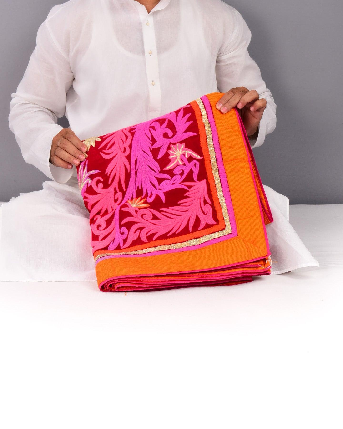 Red Hand-embroidered Georgette Saree - By HolyWeaves, Benares