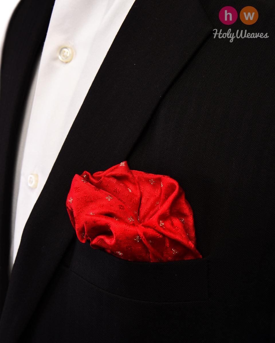 Red Tanchoi Brocade Handwoven Pure Silk Pocket Square For Men - By HolyWeaves, Benares