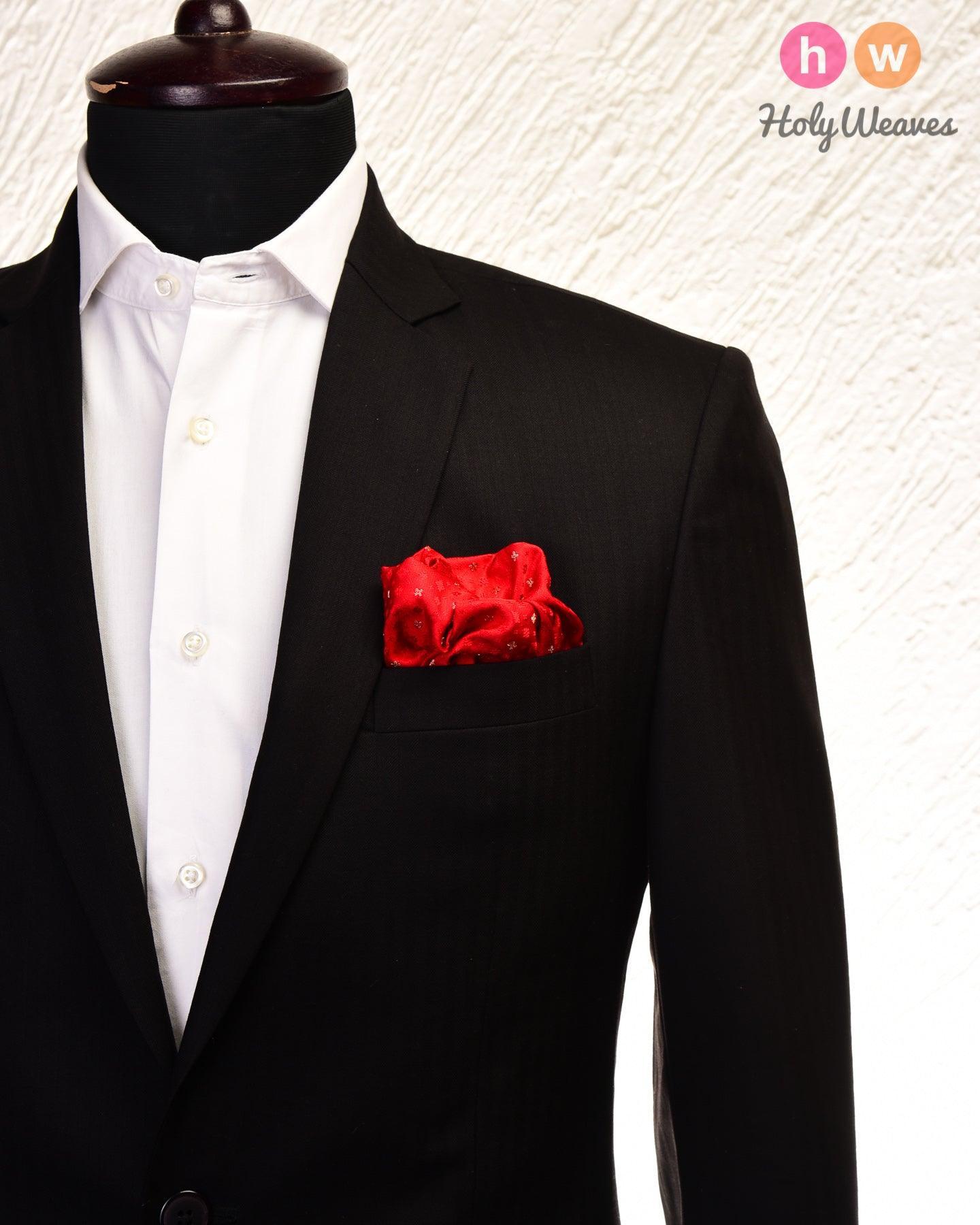 Red Tanchoi Brocade Handwoven Pure Silk Pocket Square For Men - By HolyWeaves, Benares