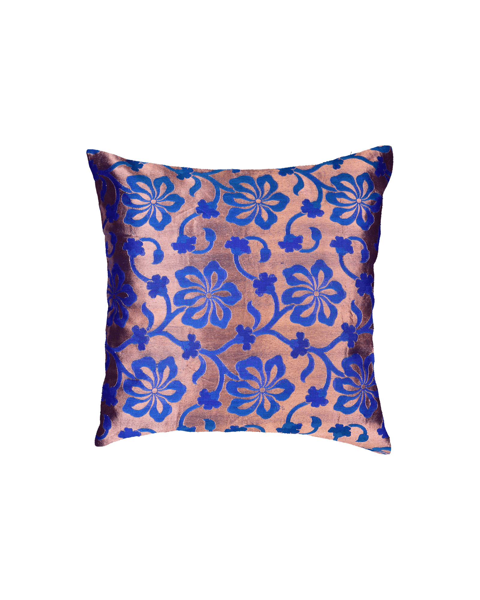 Royal Blue Banarasi Zari Brocade Poly Silk Cushion Cover 16" - By HolyWeaves, Benares