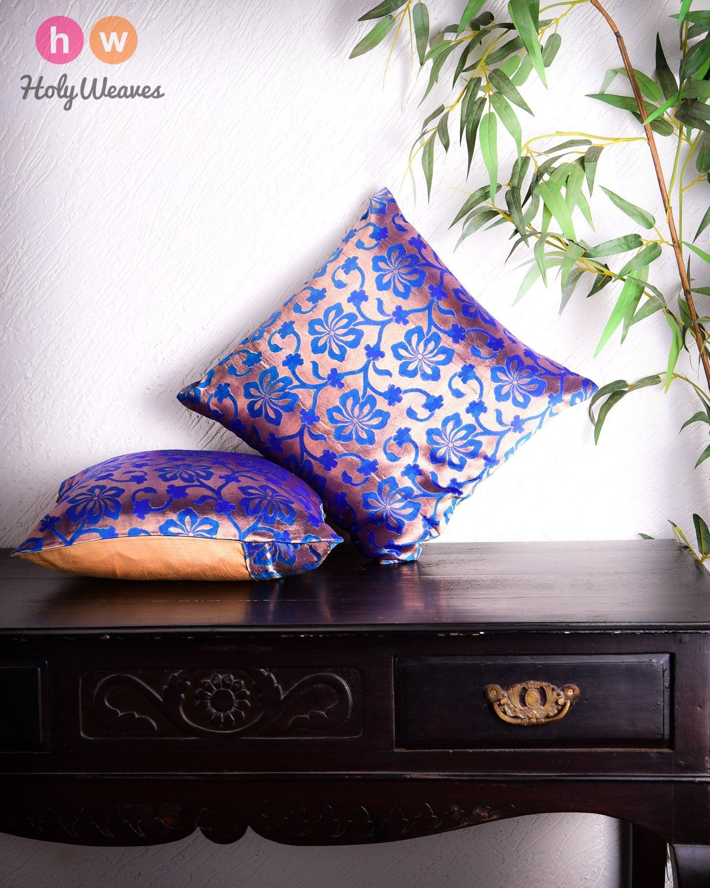 Royal Blue Banarasi Zari Brocade Poly Silk Cushion Cover 16" - By HolyWeaves, Benares