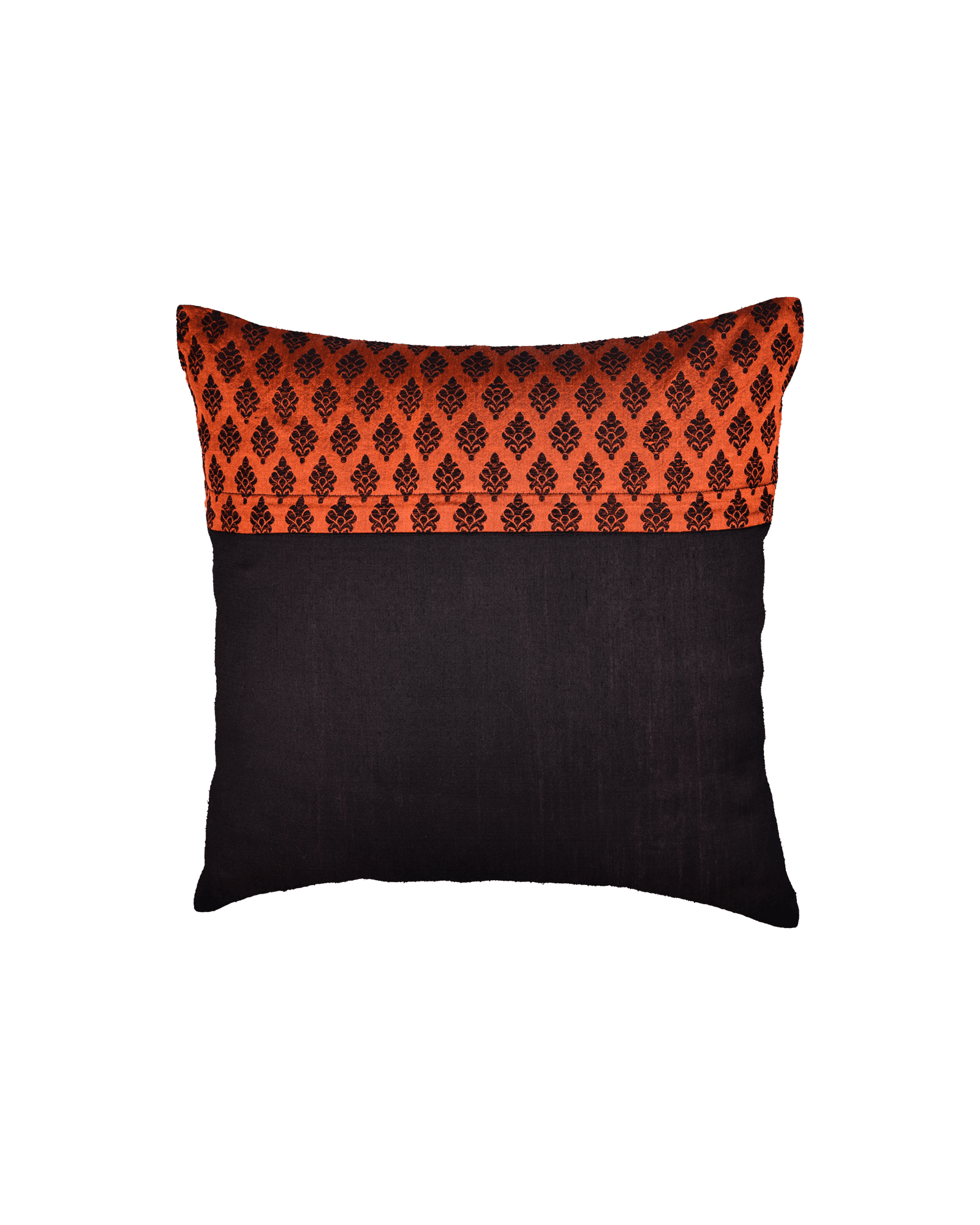 Rust Banarasi Damask Buti Poly Silk Cushion Cover 16" - By HolyWeaves, Benares