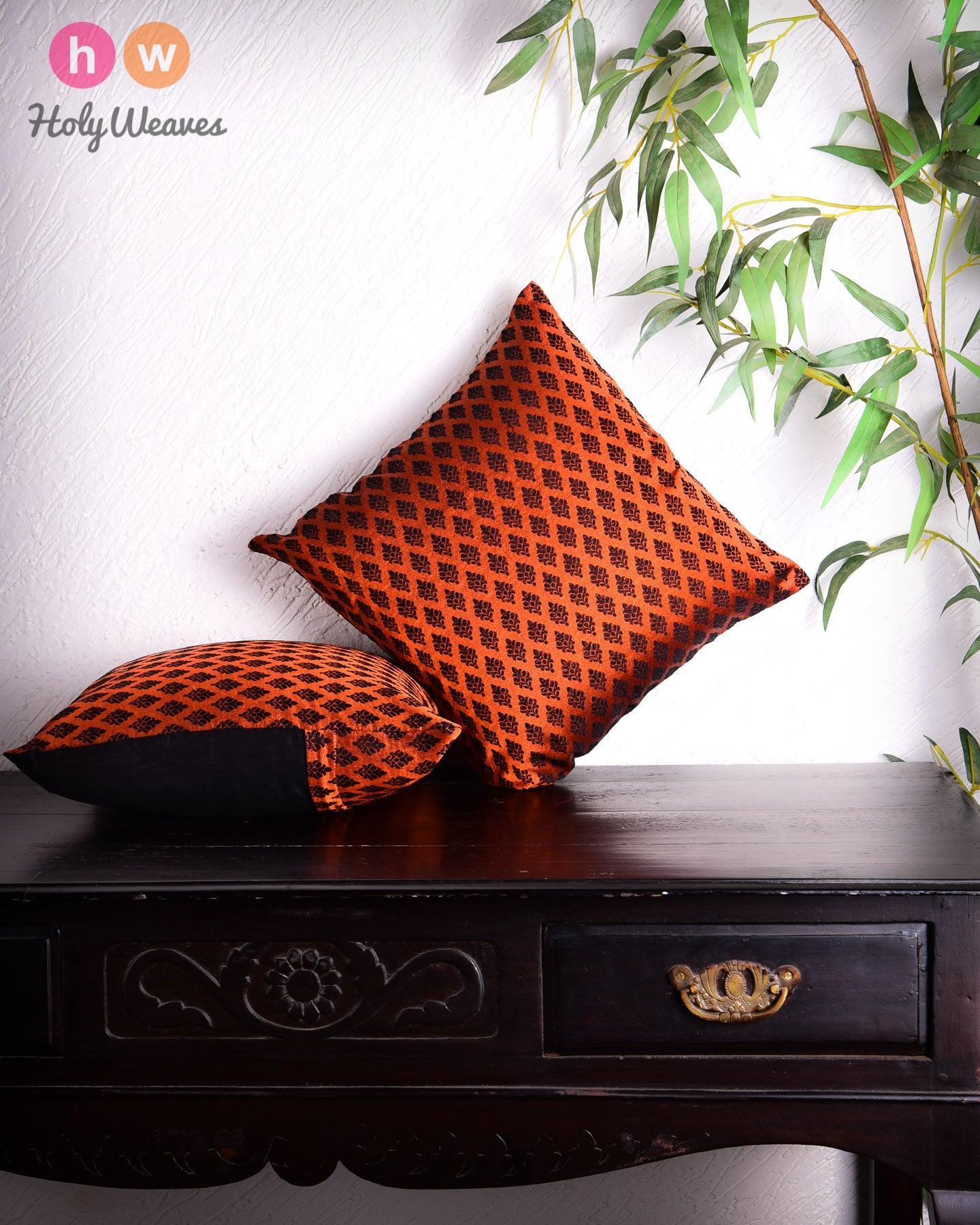 Rust Banarasi Damask Buti Poly Silk Cushion Cover 16" - By HolyWeaves, Benares