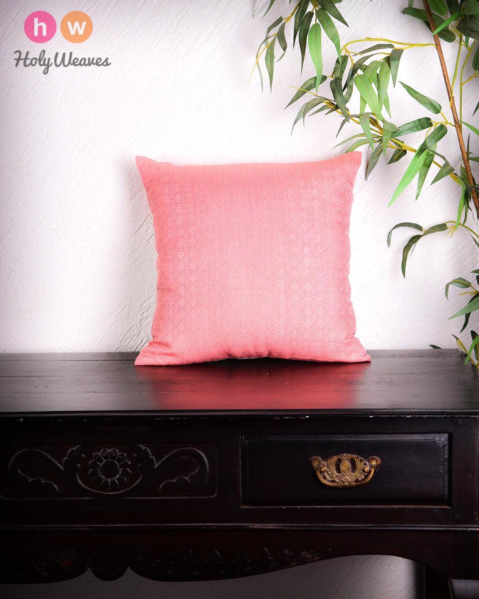 Salmon Pink Banarasi Tanchoi Viscose Silk Cushion Cover 16" - By HolyWeaves, Benares