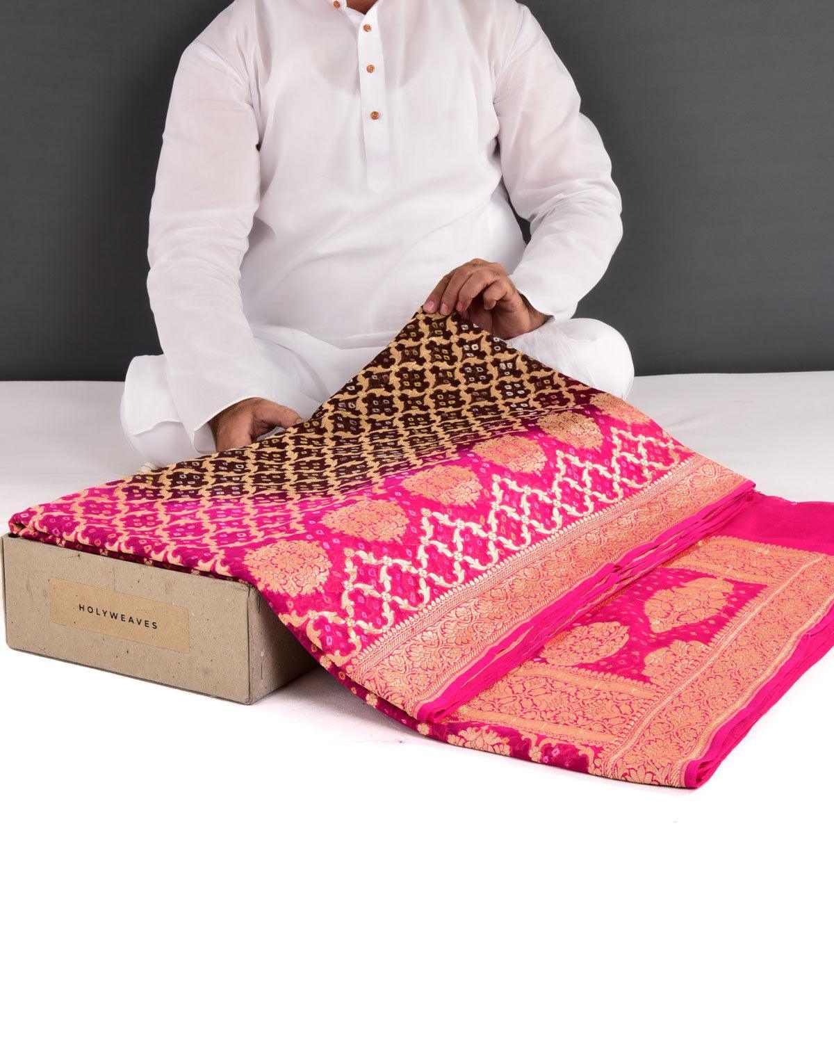 Shaded Pink-Brown Banarasi Cutwork Brocade Handwoven Khaddi Georgette Saree with White & Yellow Bandhej - By HolyWeaves, Benares