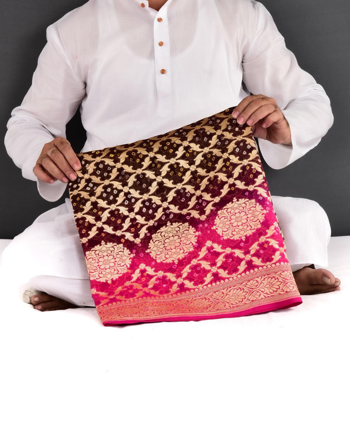 Shaded Pink-Brown Banarasi Cutwork Brocade Handwoven Khaddi Georgette Saree with White & Yellow Bandhej - By HolyWeaves, Benares