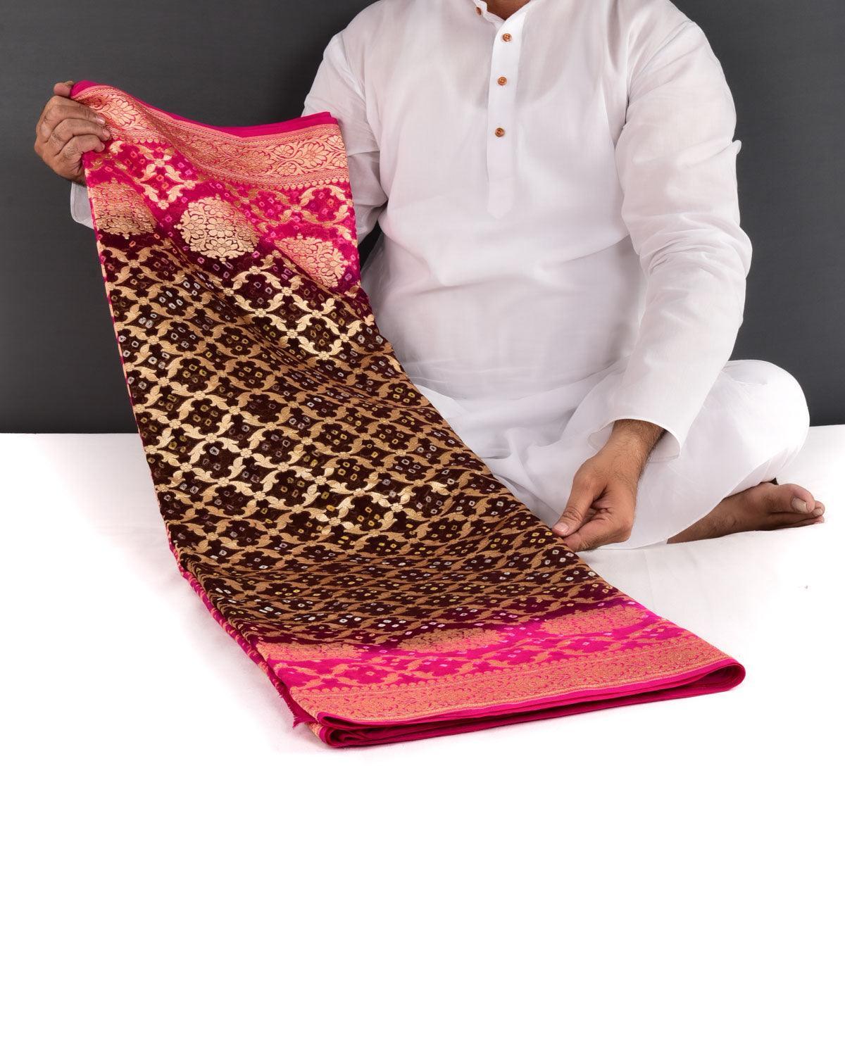 Shaded Pink-Brown Banarasi Cutwork Brocade Handwoven Khaddi Georgette Saree with White & Yellow Bandhej - By HolyWeaves, Benares