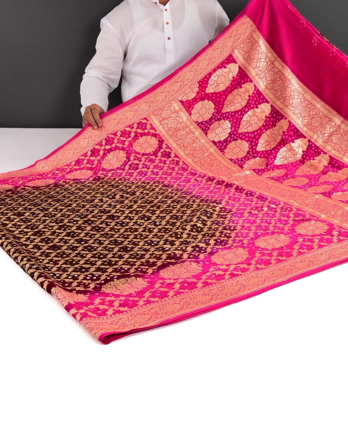 Shaded Pink-Brown Banarasi Cutwork Brocade Handwoven Khaddi Georgette Saree with White & Yellow Bandhej - By HolyWeaves, Benares