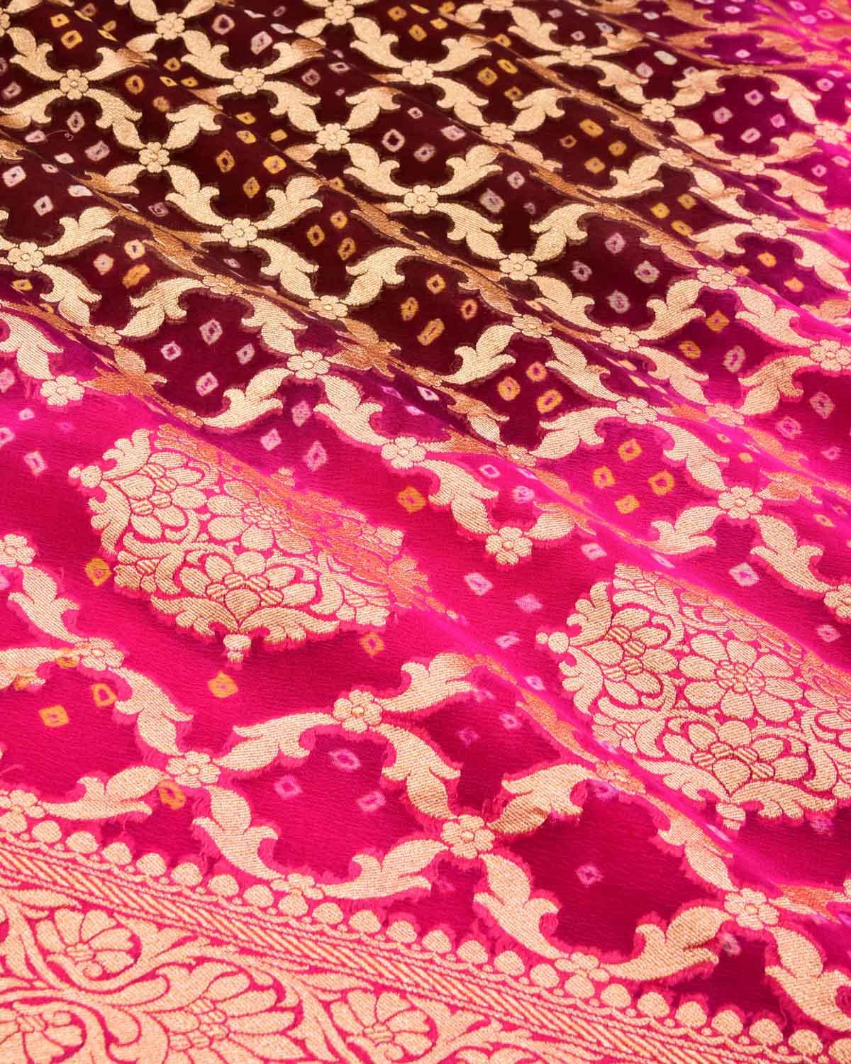Shaded Pink-Brown Banarasi Cutwork Brocade Handwoven Khaddi Georgette Saree with White & Yellow Bandhej - By HolyWeaves, Benares