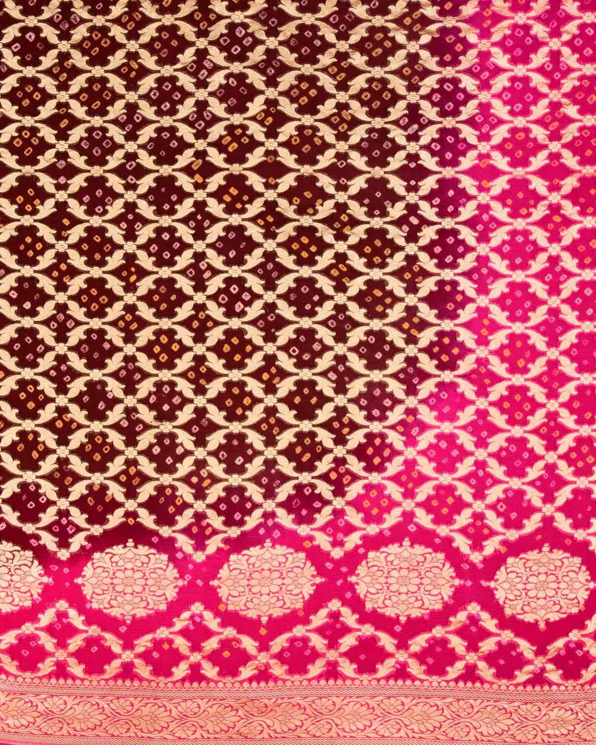 Shaded Pink-Brown Banarasi Cutwork Brocade Handwoven Khaddi Georgette Saree with White & Yellow Bandhej - By HolyWeaves, Benares