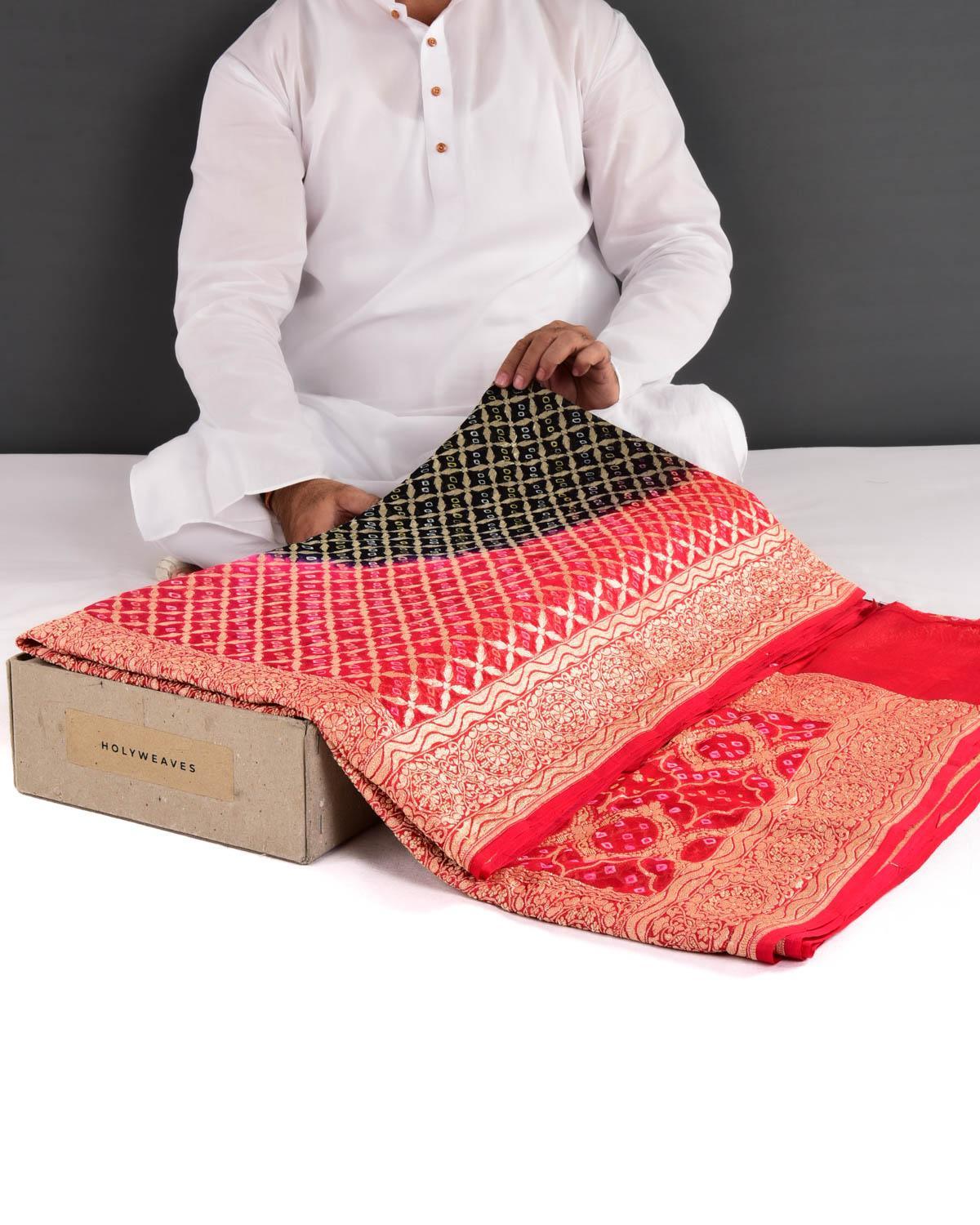 Shaded Red-Black Banarasi Cutwork Brocade Handwoven Khaddi Georgette Saree with White & Yellow Bandhej - By HolyWeaves, Benares