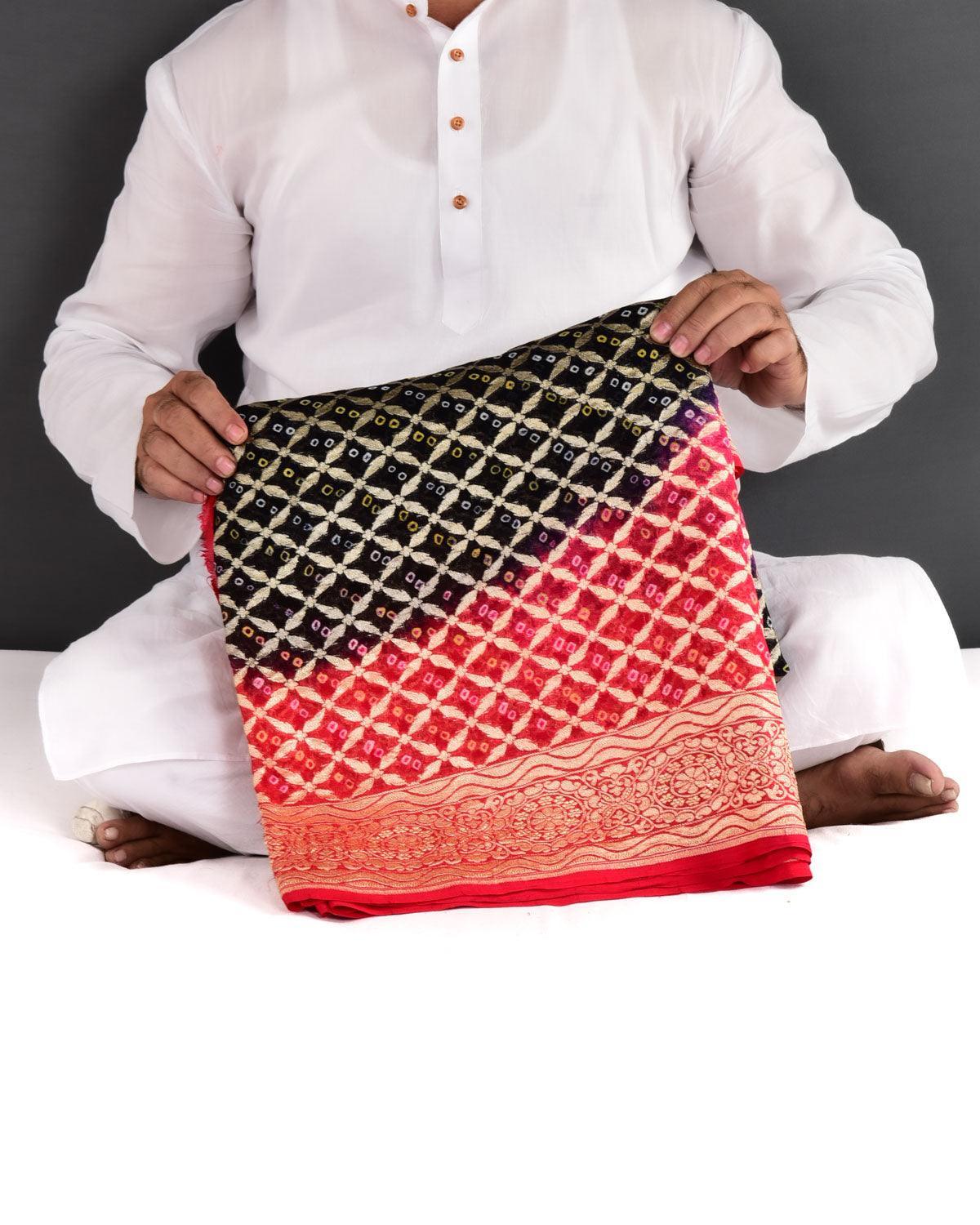 Shaded Red-Black Banarasi Cutwork Brocade Handwoven Khaddi Georgette Saree with White & Yellow Bandhej - By HolyWeaves, Benares