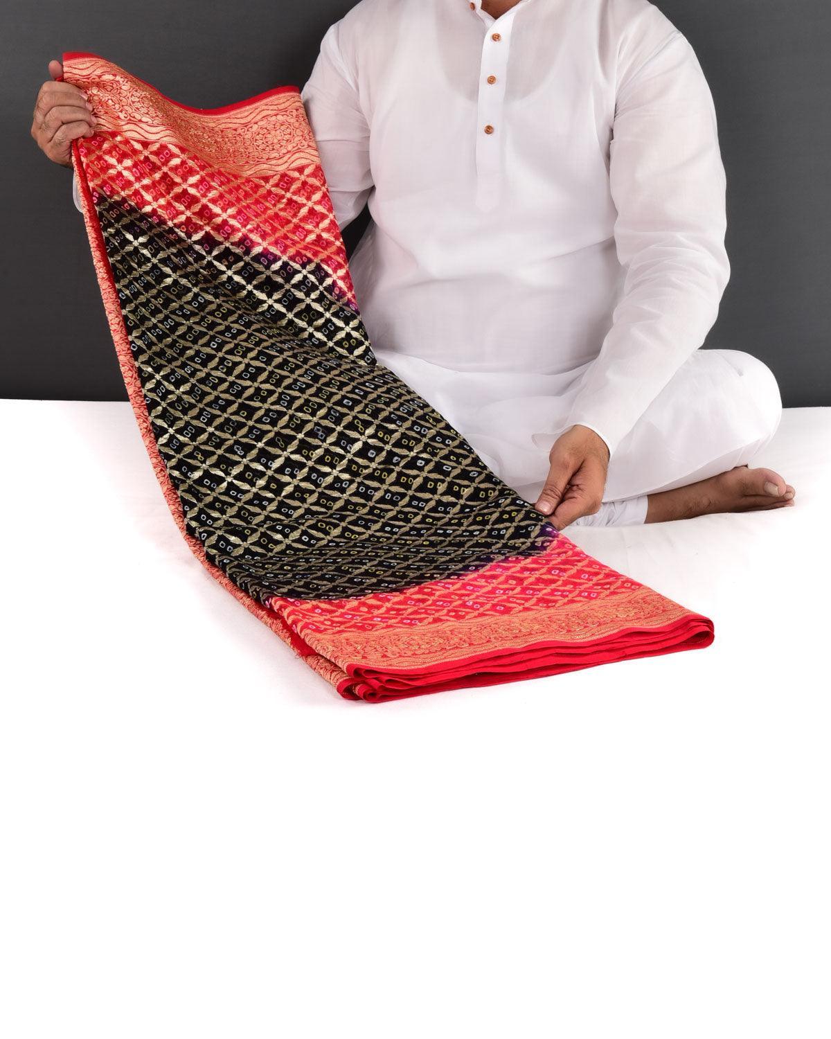 Shaded Red-Black Banarasi Cutwork Brocade Handwoven Khaddi Georgette Saree with White & Yellow Bandhej - By HolyWeaves, Benares