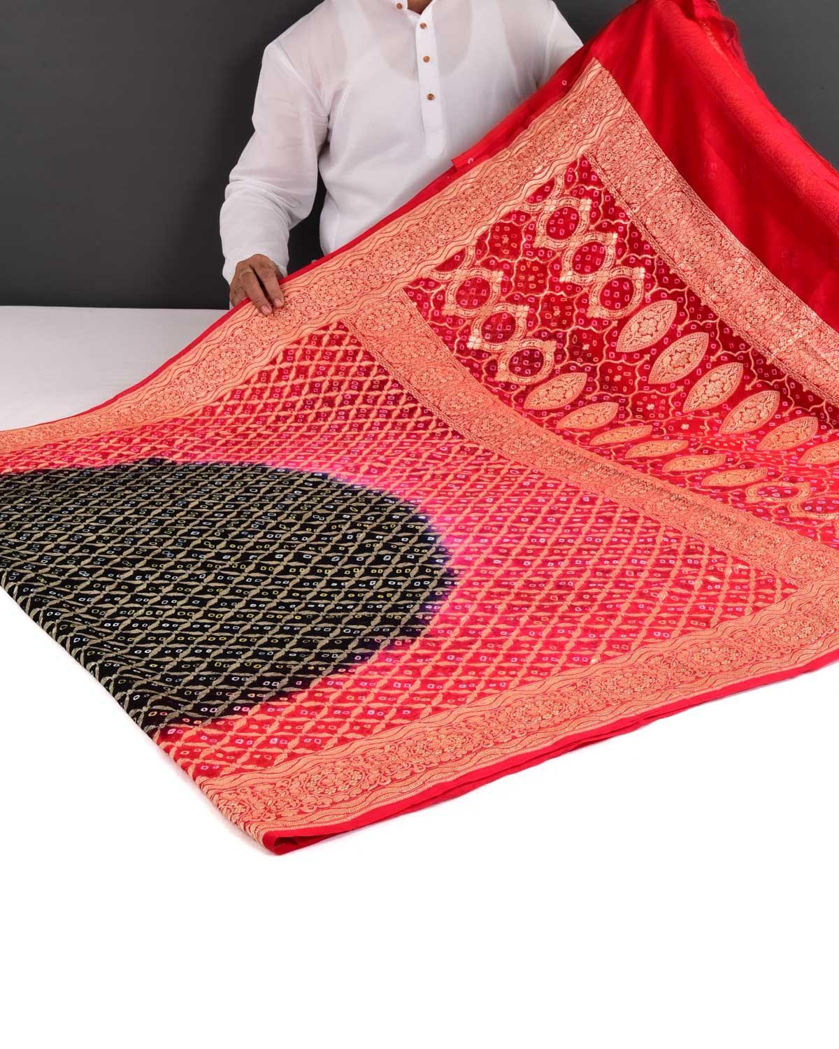 Shaded Red-Black Banarasi Cutwork Brocade Handwoven Khaddi Georgette Saree with White & Yellow Bandhej - By HolyWeaves, Benares