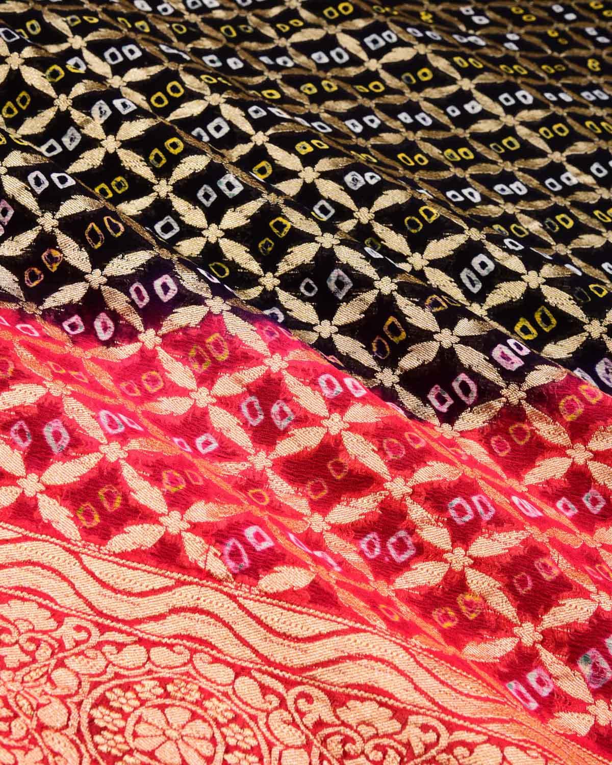 Shaded Red-Black Banarasi Cutwork Brocade Handwoven Khaddi Georgette Saree with White & Yellow Bandhej - By HolyWeaves, Benares