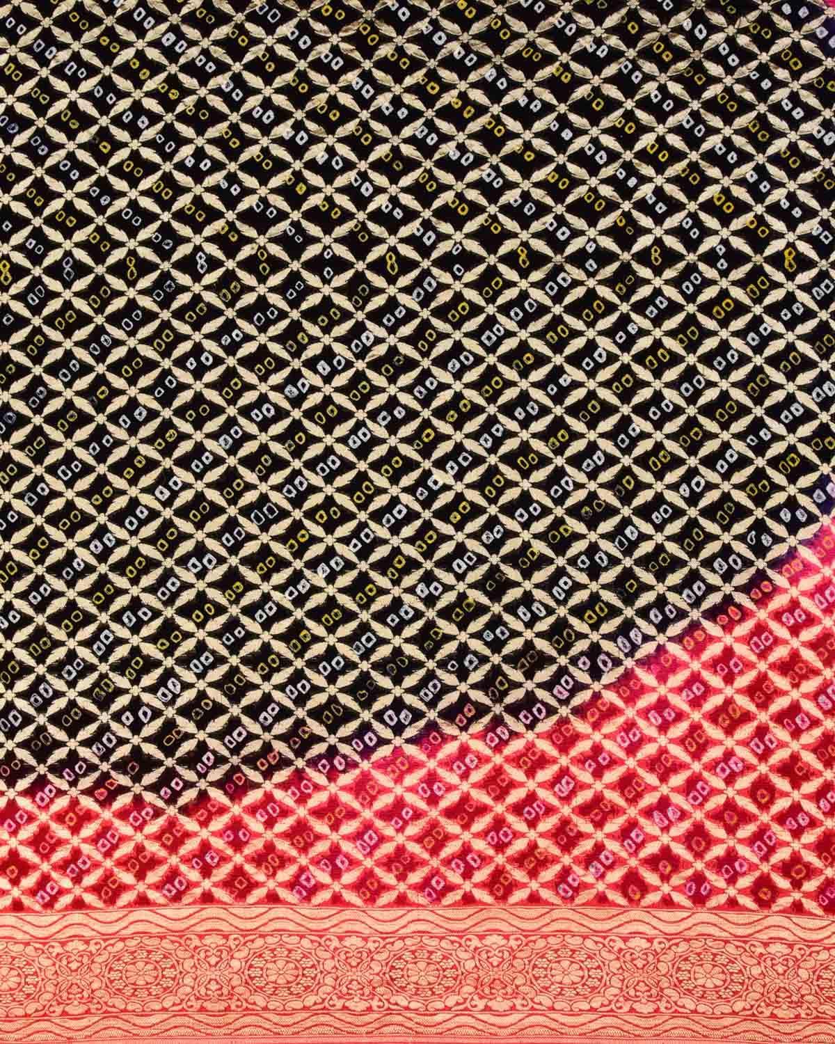 Shaded Red-Black Banarasi Cutwork Brocade Handwoven Khaddi Georgette Saree with White & Yellow Bandhej - By HolyWeaves, Benares